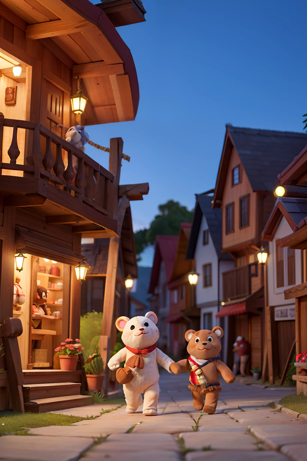 In the village The Living Plush Toys , brincando durante uma noite
