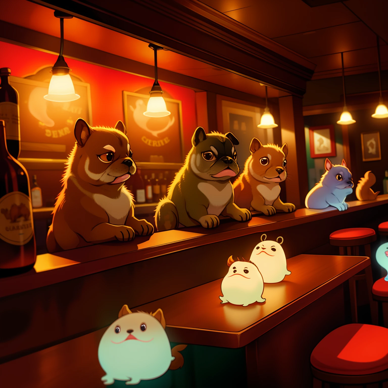 Pugs sitting at a table with a (squirrel) and (ghosts) in a bar with red lighting