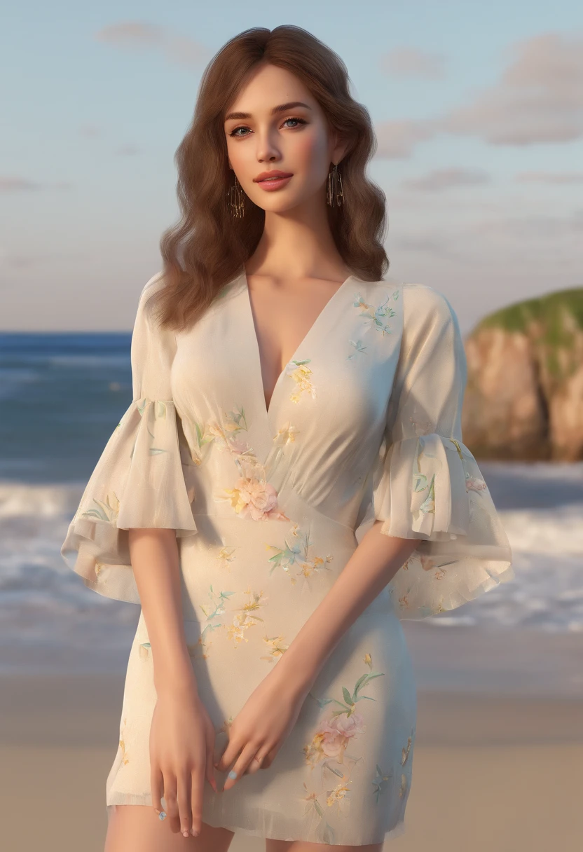 (NNLNNX_1985-1987_v1.4G:0.5), NNLNNX, short hair, (foco nítido:1.2), retremo, mulher jovem emraente, (beautiful face:1.1), Olhos detalhados, lush lips, (Maquiagem:1.2), (corpo apertado:1.2), Usando (vestido florido:1.2) em (a praia:1.2). (morning sun lighting:1.2), profundidade de campo, Bokeh, 4k, HDR. por (Tiago C. Christensen:1.2|Jeremy Lipking:1.1).