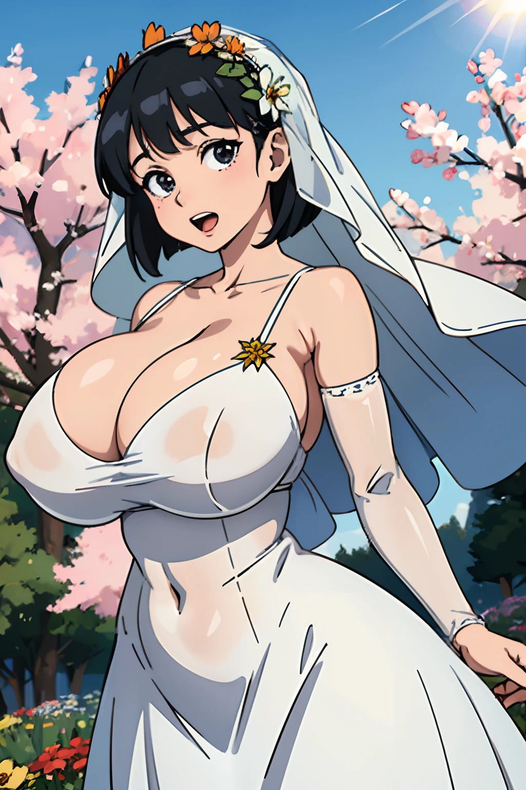 masterpiece, best quality, ultra-detailed, illustration, colorful, flat color, depth of field, lens flare, 1girl, kirigaya suguha, black hair, black eyes, short bob, anime, (shortstack), (shortstackBT), (closeup), (upper body), cowboy shot, looking at viewer, at forest, (bride, flowers, magnificent white bridal dress, ribbons, navel, veil, cleavage), short height, detailed skin texture, beautiful detailed face, open mouth, excited, inviting, seductive, alluring attire, collarbone, (gigantic breasts, massive breasts, huge breasts, curvy, voluptuous, curvaceous)