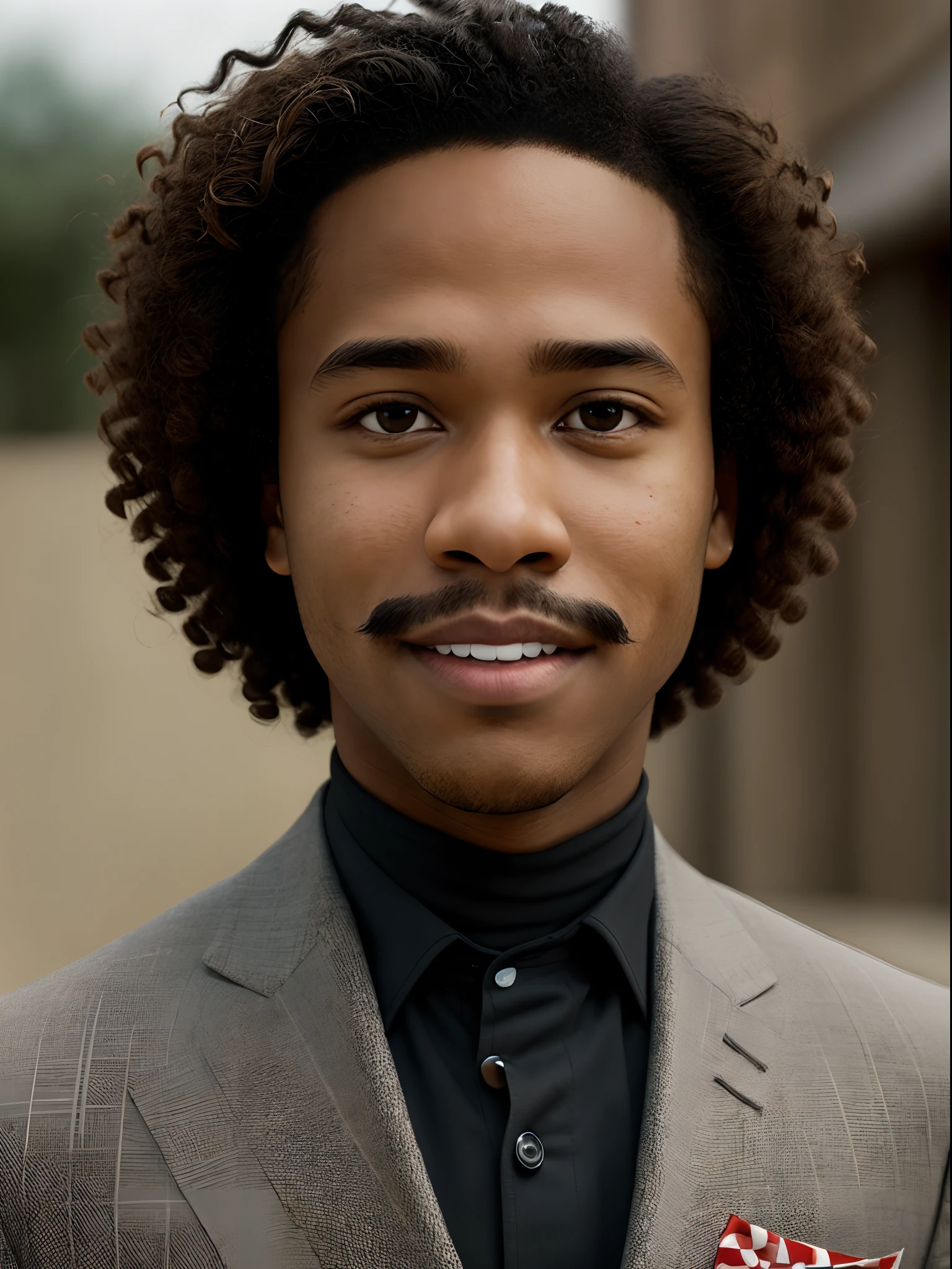 Fake Pixar film 20 year old black boy, 1.66 tall, short curly hair, American cut with mustache and braces, who wears a very stylish suit called Fernando