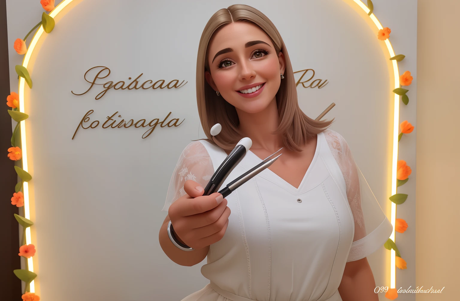 Uma mulher de 39 anos, com cabelos castanhos curtos com mecha loira , Rosto redondo,Smile with dental braces, olhos castanhos, Holding an eyebrow brush and tweezers, vestido branco