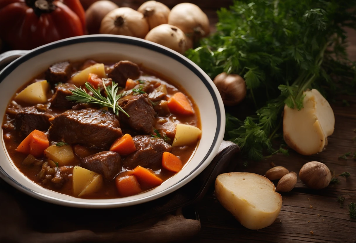 Food photography of goulash is comforting, Delicious stew with tender beef chunks, carrots, and potatoes. With a wooden table and warm blankets as a backdrop,Creates a rustic and comfortable composition, Place the goulash in the foreground. Arrange beef, carrots, and potatoes highlight their texture and color in an appetizing way, Some fresh herbs are also added,Added green. Capture the stew from a slightly pitched angle, Show the hierarchy of ingredients,Create a sense of depth. Use soft, Diffuse lighting creates a warm and inviting atmosphere,Highlight the rich colors of the stew. Keep beef and vegetables in focus, While blurring the background slightly to create depth and intimacy. Adjust the colors to emphasize the warmth, Comfortable tones of stews, With rich brown and orange colors. Use medium contrast to create depth and clarity between different elements in an image. Maintain moderate saturation,to show off the natural color of the ingredients, While still adding a little dynamism. Make sure that beef is the sharpest element in the image, Draw the audience's attention to the main ingredients. Emphasis on heartiness, By using warm light and the natural texture of vegetables and herbs,Comfortable texture of stew - no cutlery - Chaos 2 - Stylized 1000 - V 5