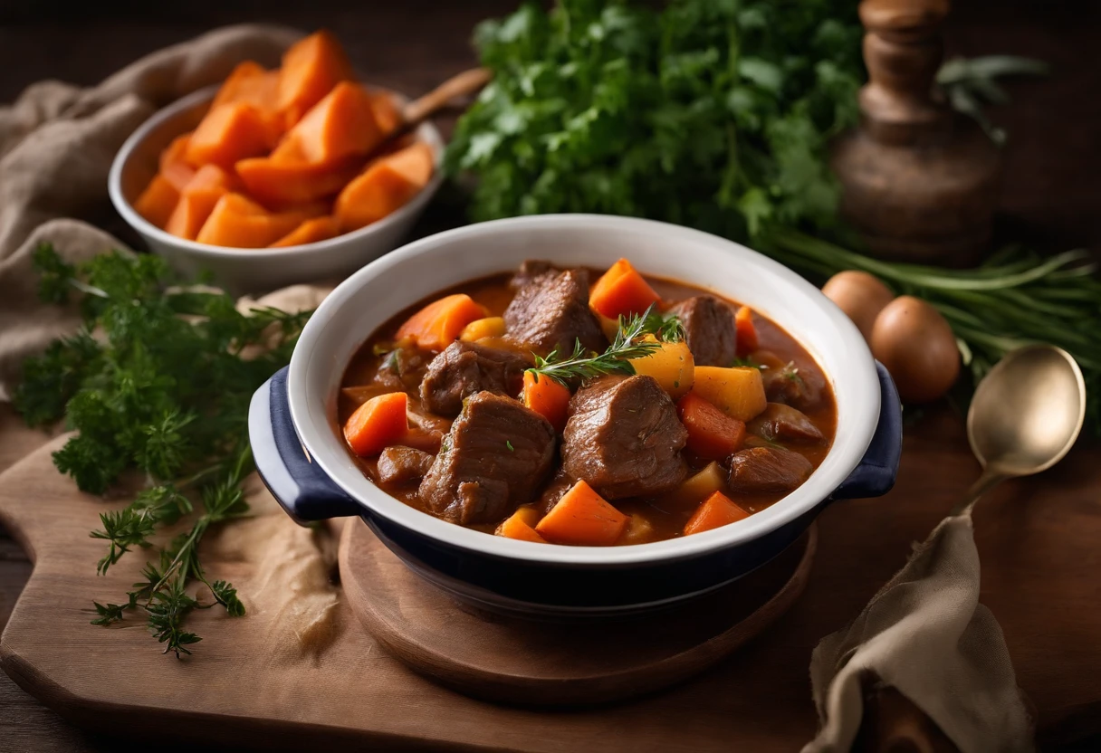 Food photography of goulash is comforting, Delicious stew with tender beef chunks, carrots, and potatoes. With a wooden table and warm blankets as a backdrop,Creates a rustic and comfortable composition, Place the goulash in the foreground. Arrange beef, carrots, and potatoes highlight their texture and color in an appetizing way, Some fresh herbs are also added,Added green. Capture the stew from a slightly pitched angle, Show the hierarchy of ingredients,Create a sense of depth. Use soft, Diffuse lighting creates a warm and inviting atmosphere,Highlight the rich colors of the stew. Keep beef and vegetables in focus, While blurring the background slightly to create depth and intimacy. Adjust the colors to emphasize the warmth, Comfortable tones of stews, With rich brown and orange colors. Use medium contrast to create depth and clarity between different elements in an image. Maintain moderate saturation,to show off the natural color of the ingredients, While still adding a little dynamism. Make sure that beef is the sharpest element in the image, Draw the audience's attention to the main ingredients. Emphasis on heartiness, By using warm light and the natural texture of vegetables and herbs,Comfortable texture of stew - no cutlery - Chaos 2 - Stylized 1000 - V 5