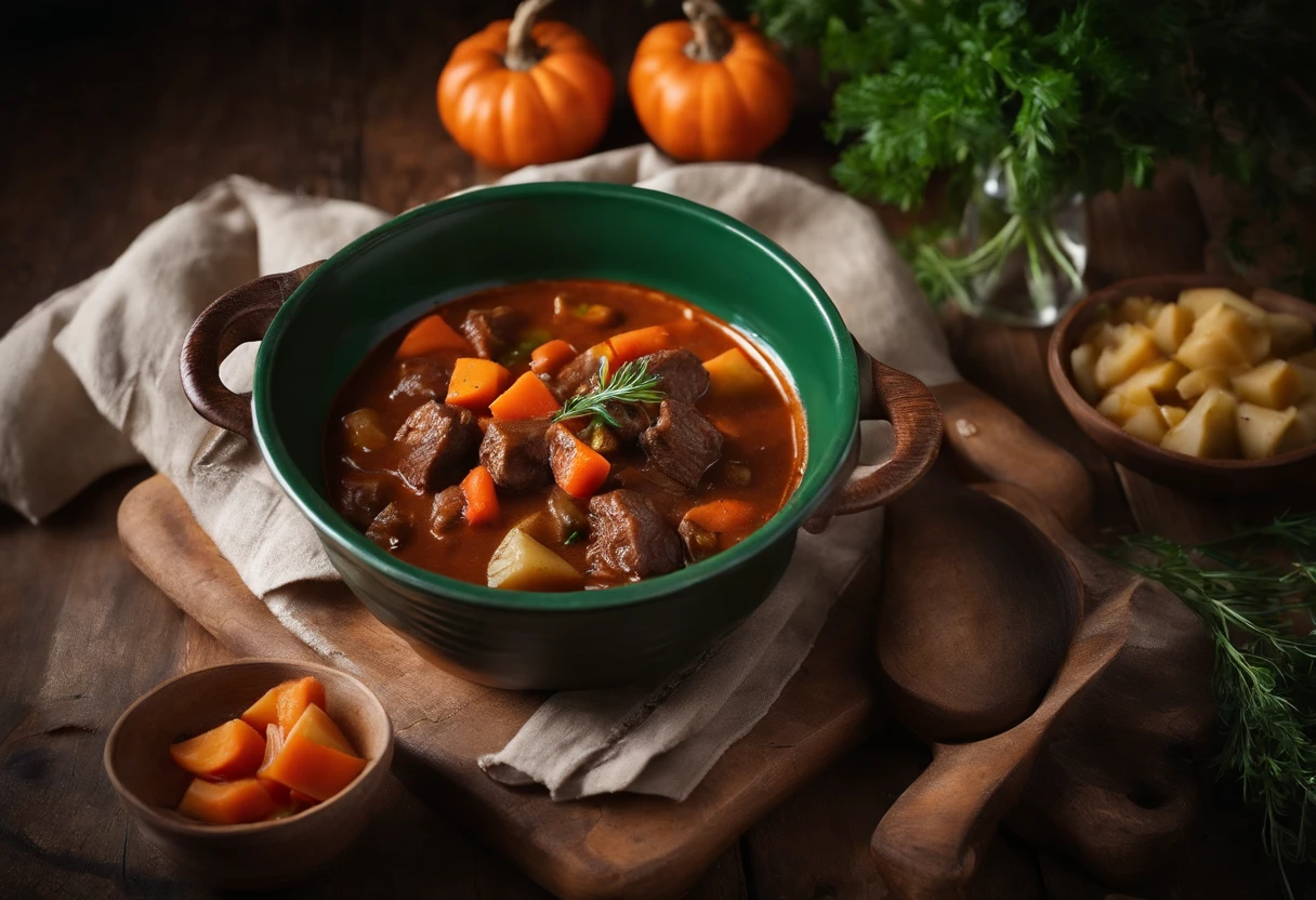 Food photography of goulash is comforting, Delicious stew with tender beef chunks, carrots, and potatoes. With a wooden table and warm blankets as a backdrop,Creates a rustic and comfortable composition, Place the goulash in the foreground. Arrange beef, carrots, and potatoes highlight their texture and color in an appetizing way, Some fresh herbs are also added,Added green. Capture the stew from a slightly pitched angle, Show the hierarchy of ingredients,Create a sense of depth. Use soft, Diffuse lighting creates a warm and inviting atmosphere,Highlight the rich colors of the stew. Keep beef and vegetables in focus, While blurring the background slightly to create depth and intimacy. Adjust the colors to emphasize the warmth, Comfortable tones of stews, With rich brown and orange colors. Use medium contrast to create depth and clarity between different elements in an image. Maintain moderate saturation,to show off the natural color of the ingredients, While still adding a little dynamism. Make sure that beef is the sharpest element in the image, Draw the audience's attention to the main ingredients. Emphasis on heartiness, By using warm light and the natural texture of vegetables and herbs,Comfortable texture of stew - no cutlery - Chaos 2 - Stylized 1000 - V 5