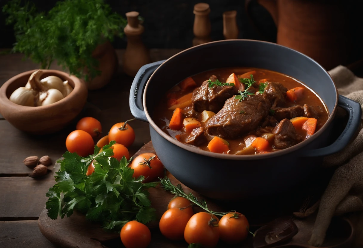 Food photography of goulash is comforting, Delicious stew with tender beef chunks, carrots, and potatoes. With a wooden table and warm blankets as a backdrop，Creates a rustic and comfortable composition, Place the goulash in the foreground. Arrange beef, carrots, and potatoes highlight their texture and color in an appetizing way, Some fresh herbs are also added，Added green. Capture the stew from a slightly pitched angle, Show the hierarchy of ingredients，Create a sense of depth. Use soft, Diffuse lighting creates a warm and inviting atmosphere，Highlight the rich colors of the stew. Keep beef and vegetables in focus, While blurring the background slightly to create depth and intimacy. Adjust the colors to emphasize the warmth, Comfortable tones of stews, With rich brown and orange colors. Use medium contrast to create depth and clarity between different elements in an image. Maintain moderate saturation，to show off the natural color of the ingredients, While still adding a little dynamism. Make sure that beef is the sharpest element in the image, Draw the audience's attention to the main ingredients. Emphasis on heartiness, By using warm light and the natural texture of vegetables and herbs，Comfortable texture of stew - no cutlery - Chaos 2 - Stylized 1000 - V 5