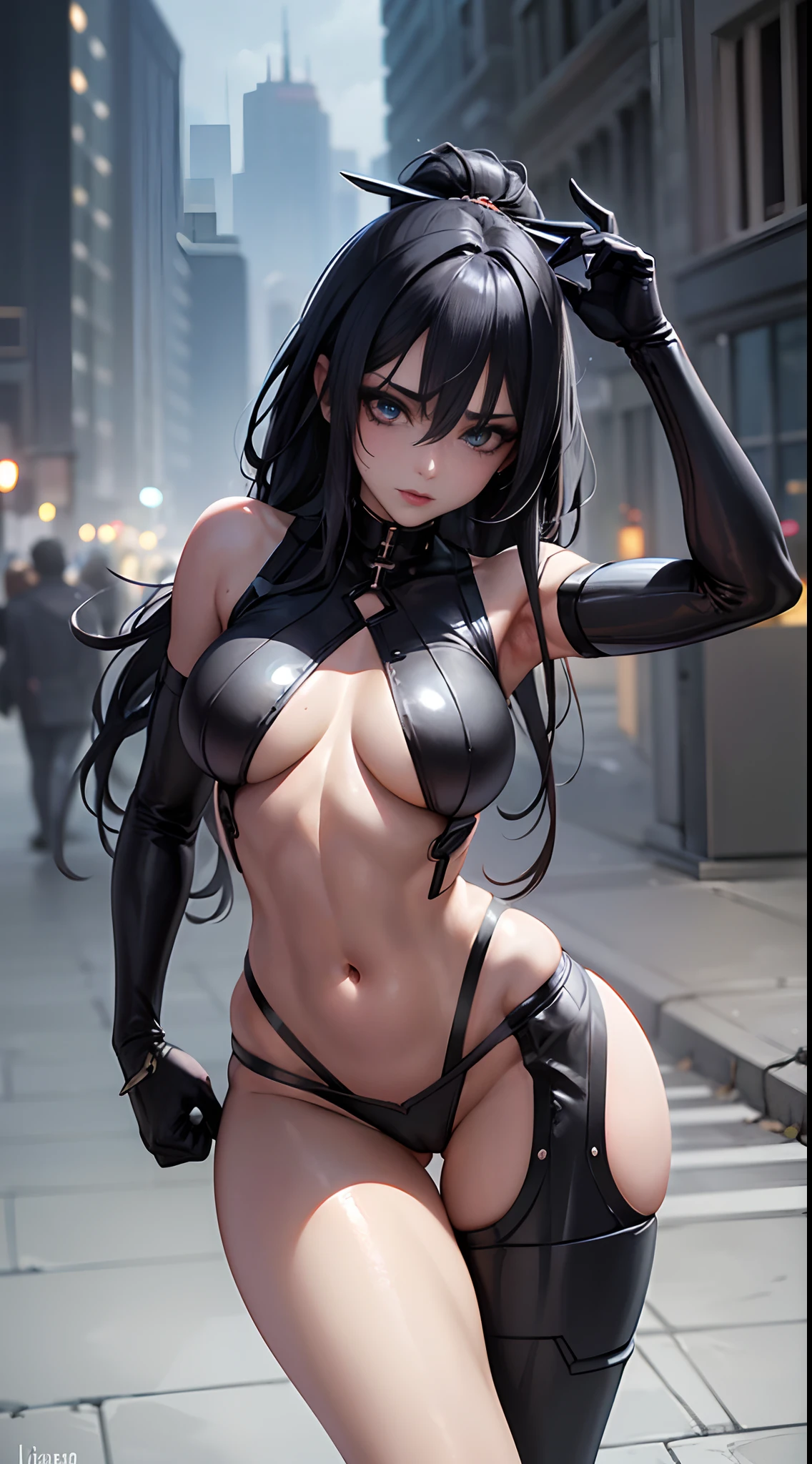 on street at ruined city, (Hyperrealistic: 1.3), athletic European goth woman, white woman, full body, (biochemanical:1.3), wet exposed skin, exposed abs, masterpiece, (dark: 1.3), darkness, low light, night, cinematic lighting, fil noir, highest quality, sexy woman, (high tech cyborg:1.2), (enormous perky detailed breasts), feminine, symmetrical, highly detailed, gigapixel, fit, (sharp body), detailed body, on focus, gorgeous face, (black eye makeup), (black lipstick), (black hair in dreadlocks), (Simon Bisley), (2000 a.d.), (ABC warriors), (Joe pineapples), ridged, grim, grim-dark, absolute cleavage, showing a delicate slim figure and graceful curves, (beautiful long legs:1.3), (detailed eyes, beautiful eyes:1.2),