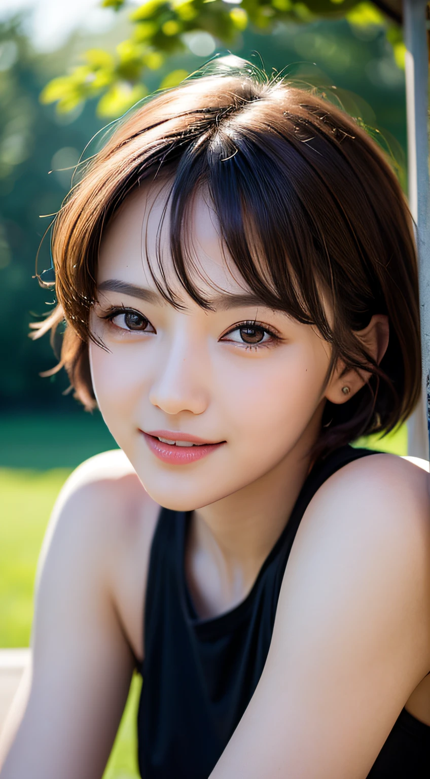 one girl, (a beauty girl, delicate girl:1.3), (16 years old, Gal:1.3), (Black lace bra:1.2), Very fine grain definition, (Symmetrical black eyes:1.3), Looking into the camera, Big smile, Showing teeth, (Track Field View:1.2), Small breasts, Brown short hair, girl, (Eyes and facial details:1.5), (masterpiece, highest quality, Super detailed, Detailed face, 8k),Upper Body Shot,Yui Aragaki