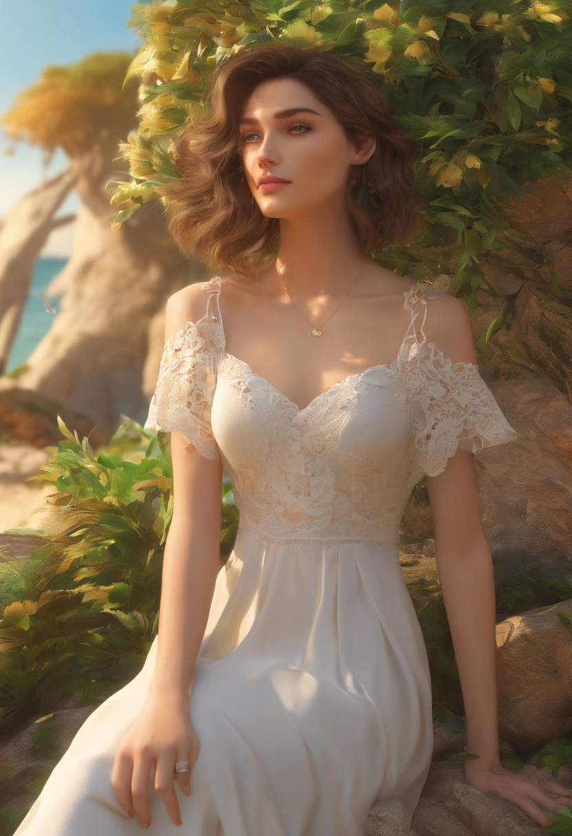 

Generate a full-front portrait of a woman with exceptional realism and detail. She should have a lifelike appearance, with natural skin tones and subtle variations in complexion, such as slight freckles or gentle blushes. Her eyes should be vivid and expressive, with a natural, engaging gaze. Her hair should be styled in a way that complements her face and the overall aesthetic, whether it's loose waves, a neat updo, or flowing straight locks.

She should be dressed in elegant, full-length clothing that fits the setting. For example, if in a garden scene, she might wear a flowing, floral dress with intricate embroidery or lace detailing. If in a lakeside setting, a light, airy gown with delicate textures could be appropriate. The clothing should drape naturally, with realistic folds and creases.

The background should be a carefully composed natural environment. If it’s a garden, include diverse plants, flowers, and a soft, dappled sunlight effect. For a forest glade, include towering trees, soft undergrowth, and filtered light. In a lakeside scene, feature a calm water surface, reflections, and surrounding greenery. The scene should enhance the subject’s appearance, with attention to light and shadow, creating a harmonious and aesthetically pleasing composition.

Ensure that the image is captured in high resolution, with precise details in the fabric textures, the natural environment, and the interplay of light and shadow to provide a truly lifelike and immersive visual experiences, front photo, full size photo 