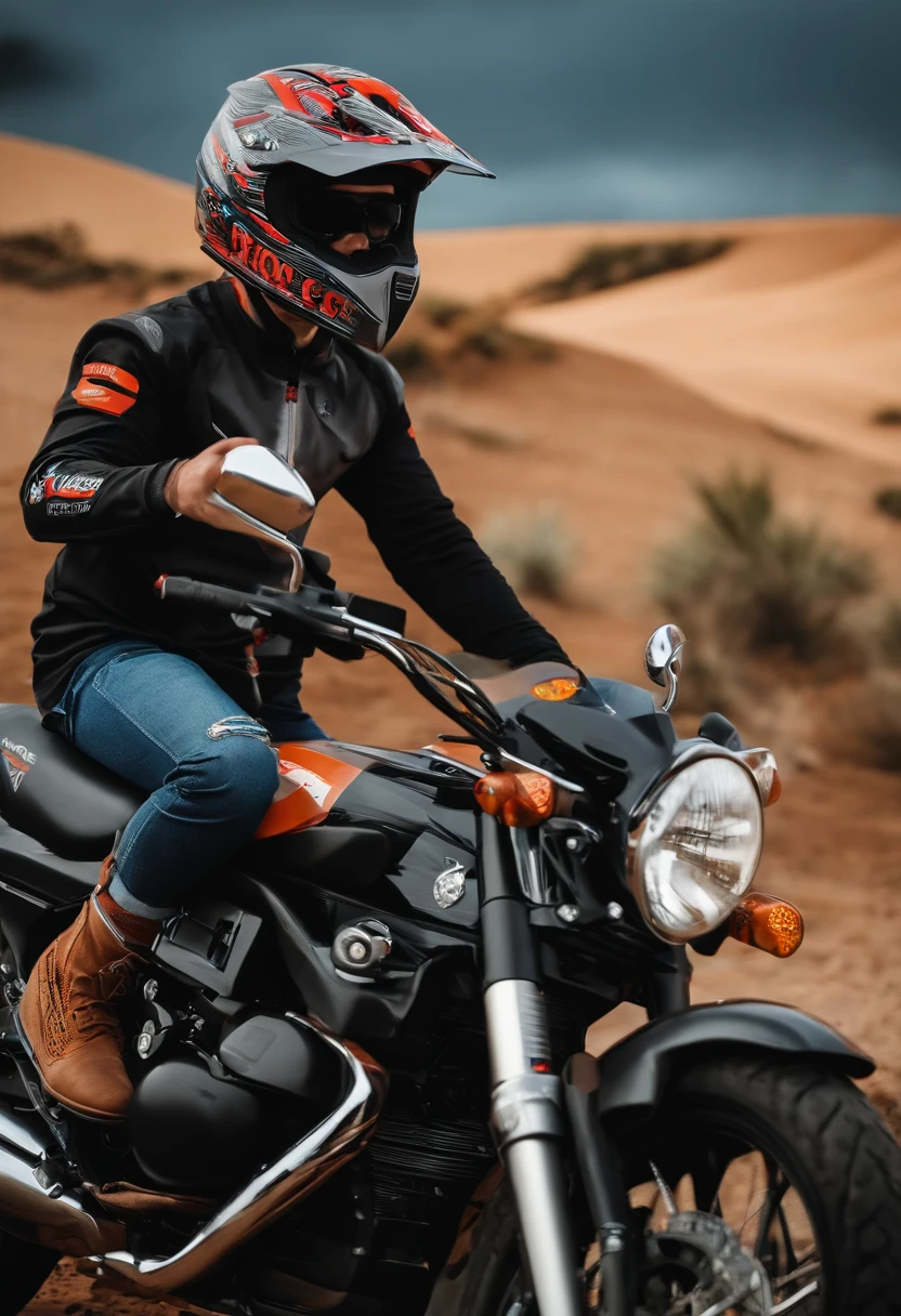 Imagem de um menino gorducho, camiseta branca, capacete, moto, desenho animado