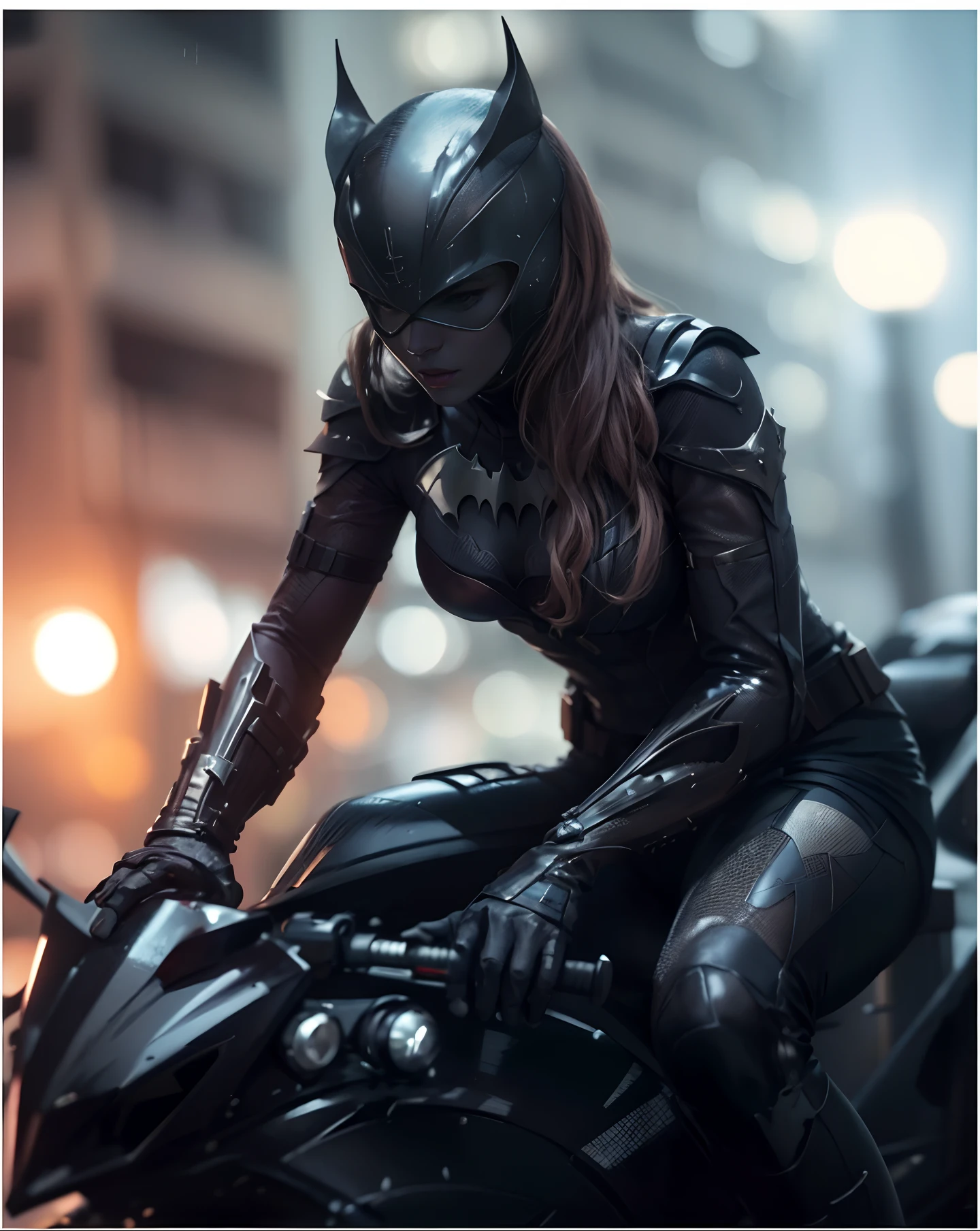 1mujer, cuerpo completo, estilo del disfraz de Batwoman, senos medianos, Yellow Batman logo on chest and belt, Obra maestra, La mejor calidad, Textura detallada de la piel, Vestuario detallado, Hermosa cara detallada, Detalles intrincados, Ultra detallado, cabello rubio lacio, Postura de la espalda, andante, (Noche Gotham city street Antecedentes), lluvioso, Lluvia en la ciudad, Luna llena en el cielo, (La mejor calidad, A high resolution, fotorrealista, primitivo, 8k,Obra maestra, ),La mejor calidad, masterpiec8k.HDR. Costillas altas:1.2, movie grain, Desenfoque bokeh:1.2, Destello de lente, (Color Vivd:1.2), (delicado),