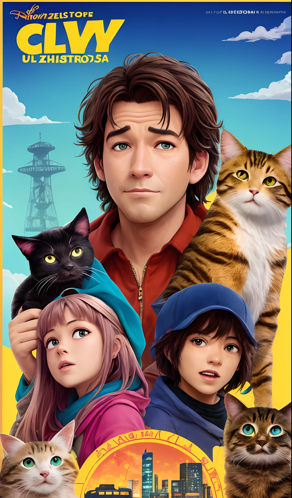 Criar um poster da pixar de um homem de 35 anos, olhos azuis, cabelo loiro escuro, alto, um nariz avantajado, Hairy Civil Engineer, mau humorado, montanhista, Likes Japan Houses Has Two Cats