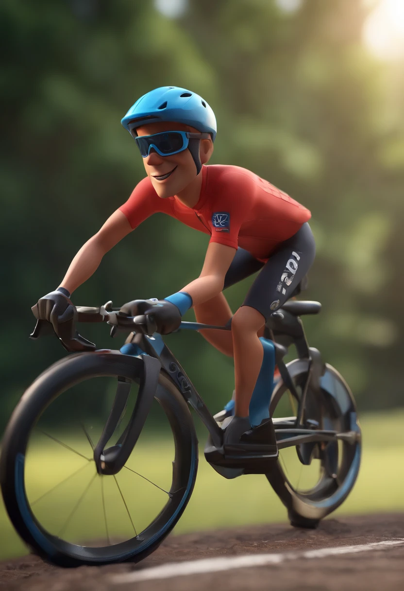 Cartoon character of a man with cycling sunglasses, cabelo cacheado preto escuro amarrado e uma camisa xadrez azul e vermelha, With helmet and a mtb bike animation character, Caractere estilizado, animation style rendering, 3D estilizado, Arnold Maya render, 3 d render stylized, toon render keyshot, Personagem 3D, Personagem 3D, 3d rendering stylized, 3 d character render, personagem de desenho animado, Personagem de close up, Pose de personagem, (Estilo Pixar) (master part:1.2) (Bokeh) (best quality) (pele detalhada) (textura detalhada) (8k) (argila) (Cinematic lighting) (foco nítido