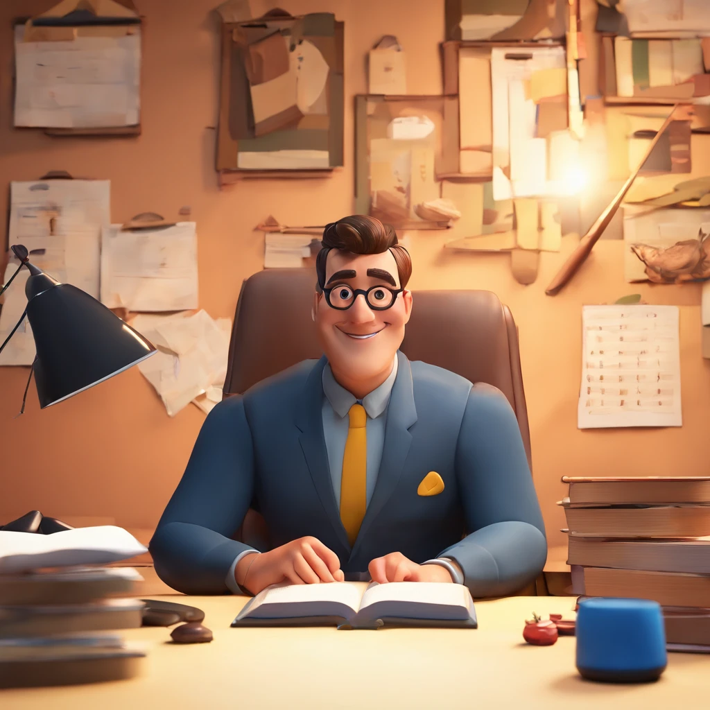 Crie um cartaz inspirado na Disney Pixar com o personagem sendo o pastor Rubens Janier, A brown-haired man wearing glasses, In an office with a book on the table