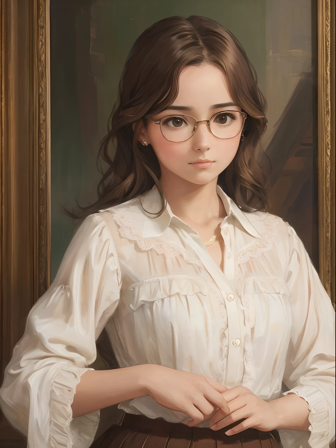 a 1girl, a beautiful -agedl, extremely small breasts, short wavy brown hair, brown eye, eyeglasses, portraite of a, oil painted, contemporary, semi-prozamic silk blouse, Realistic Proportion, Intricate, intricate detials, Sharp focus