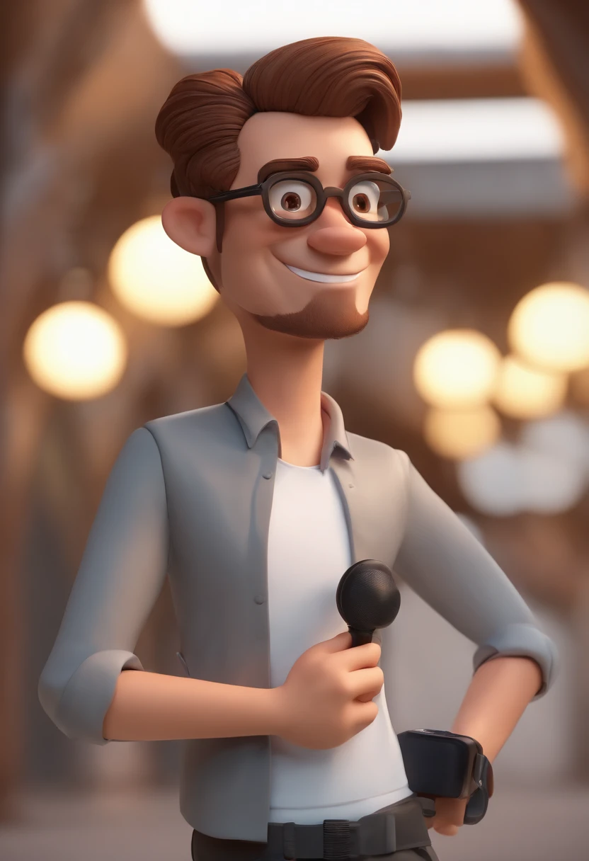 Cartoon character of a man with black glasses and a white polo shirt, cabelo cacheado, moreno, com o nome FWD instalacoes eletricas, Com barba, animation character, Caractere estilizado, animation style rendering, 3D estilizado, Arnold Maya render, 3 d render stylized, toon render keyshot, Personagem 3D, Personagem 3D, 3d rendering stylized, 3 d character render, personagem de desenho animado, Personagem de close up, Pose de personagem, (Estilo Pixar) (master part:1.2) (Bokeh) (best quality) (pele detalhada) (textura detalhada) (8k) (argila) (Cinematic lighting) (foco nítido