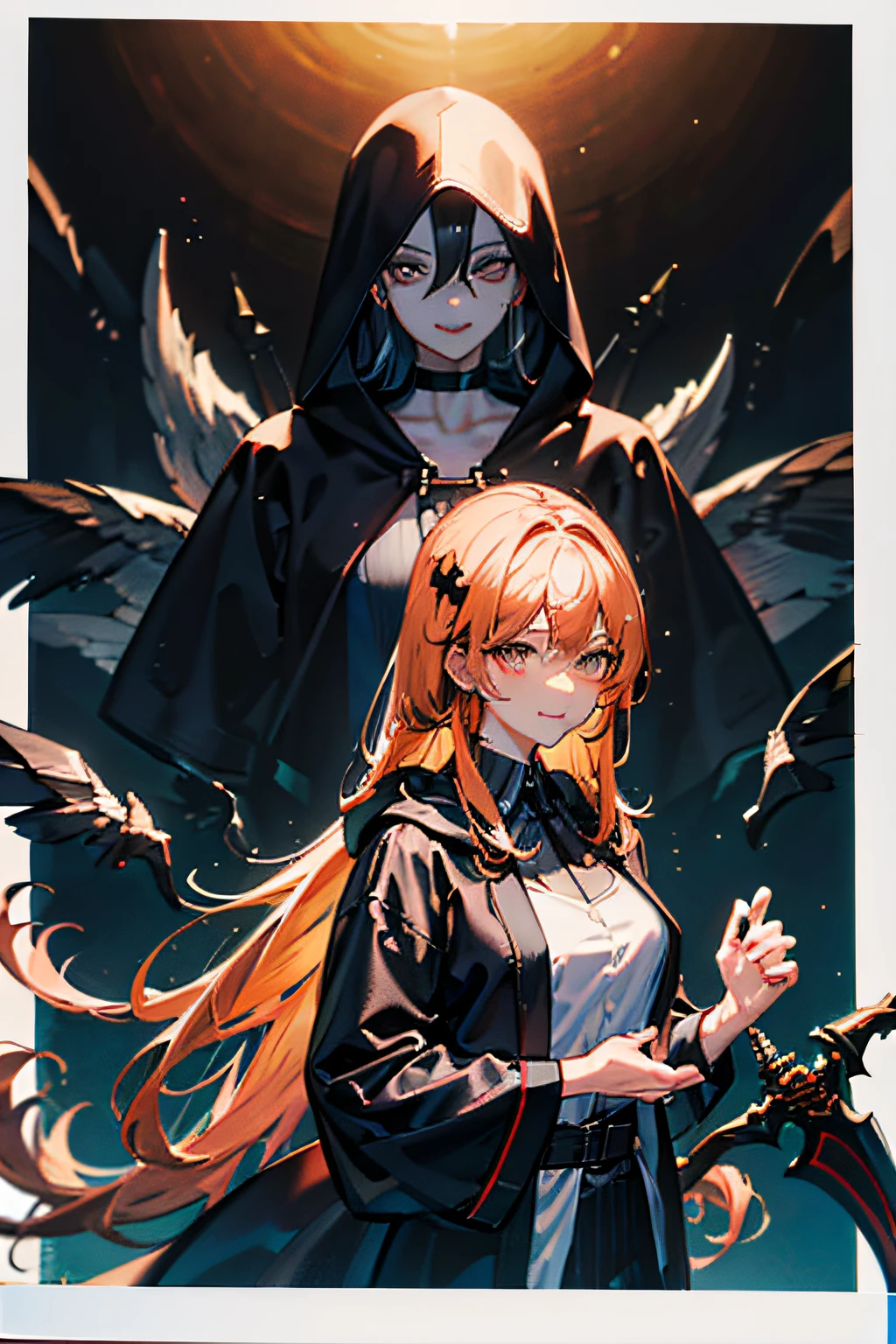 Grim Reaper and Cute Hooded Girl,The Grim Reaper emerges from the swirling shadows.Stand in the Cemetery of Forgotten Souls.(Grim Reaper protecting a girl from behind:1.3,)Wielding a scythe,(Light brown and light orange striped hair:1.3,),Dark makeup,Beautiful breast slip、A smile that makes the viewer happy,Perfect face,Proper body proportion,masutepiece,High-quality output images,超A high resolution,Intricate details,Very delicate and beautiful hair,photographrealistic,Dreamy,Professional Lighting,realistic shadow,Beautiful hands,Beautiful fingers,Detailed finger features,detailed clothes features,Detailed hair features,detailed facial features,Style fighting games,Style RPG