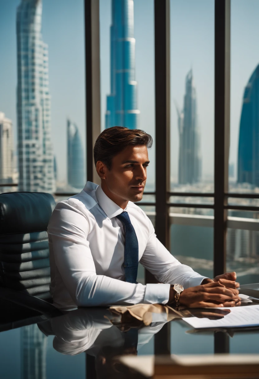 Homme d'affaire en costume ,assis a son bureau, Window behind him, avec une belle vue sur dubai en arrere plan