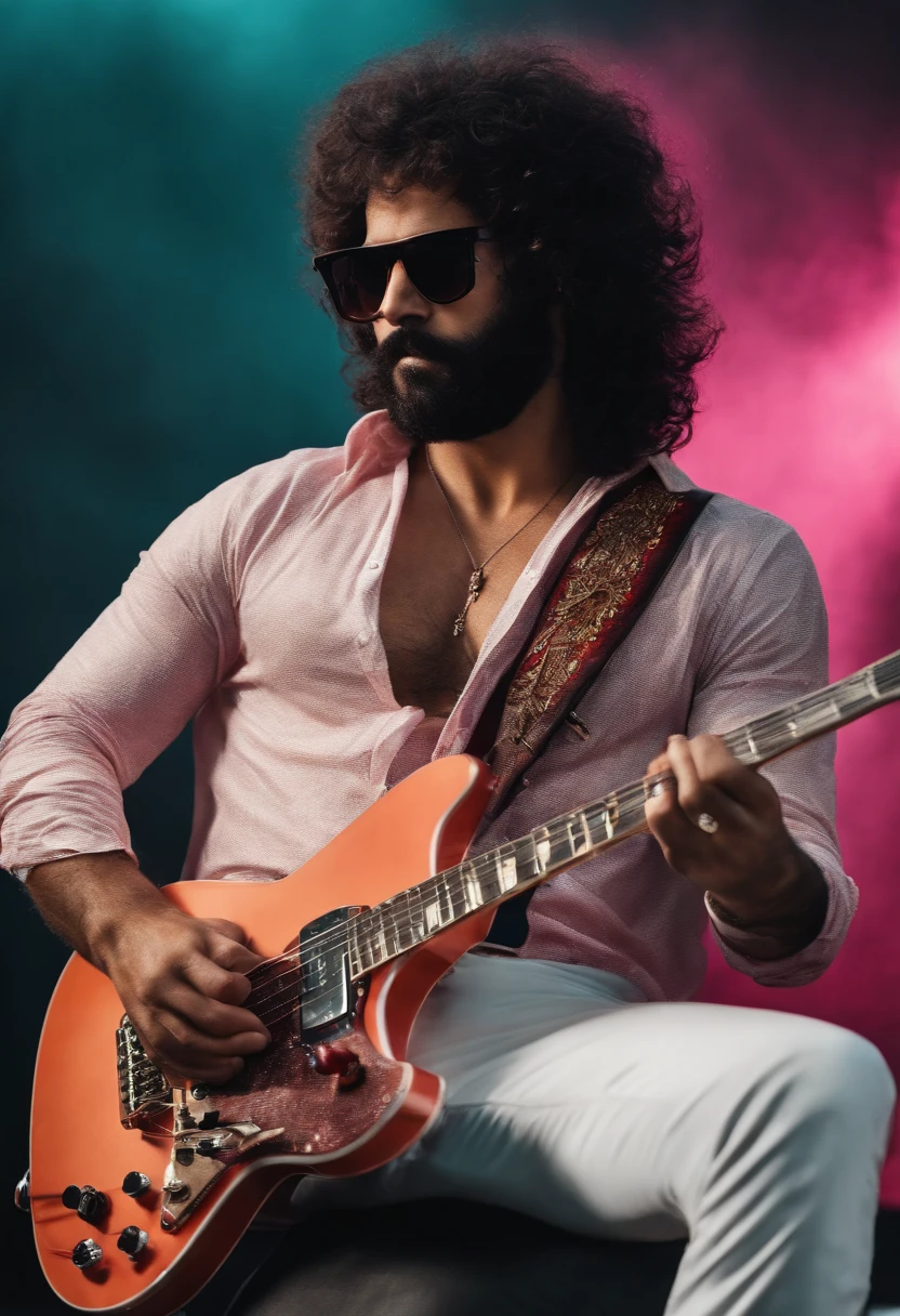 Estilo capa filme puxar, homem 30 anos cabelo samurai, barba, 3d puxar, sunglasses, tocando guitarra estilo fender, com quadros do Queen e pink Floyd ao fundo, with title "Jackson Rodrigues"