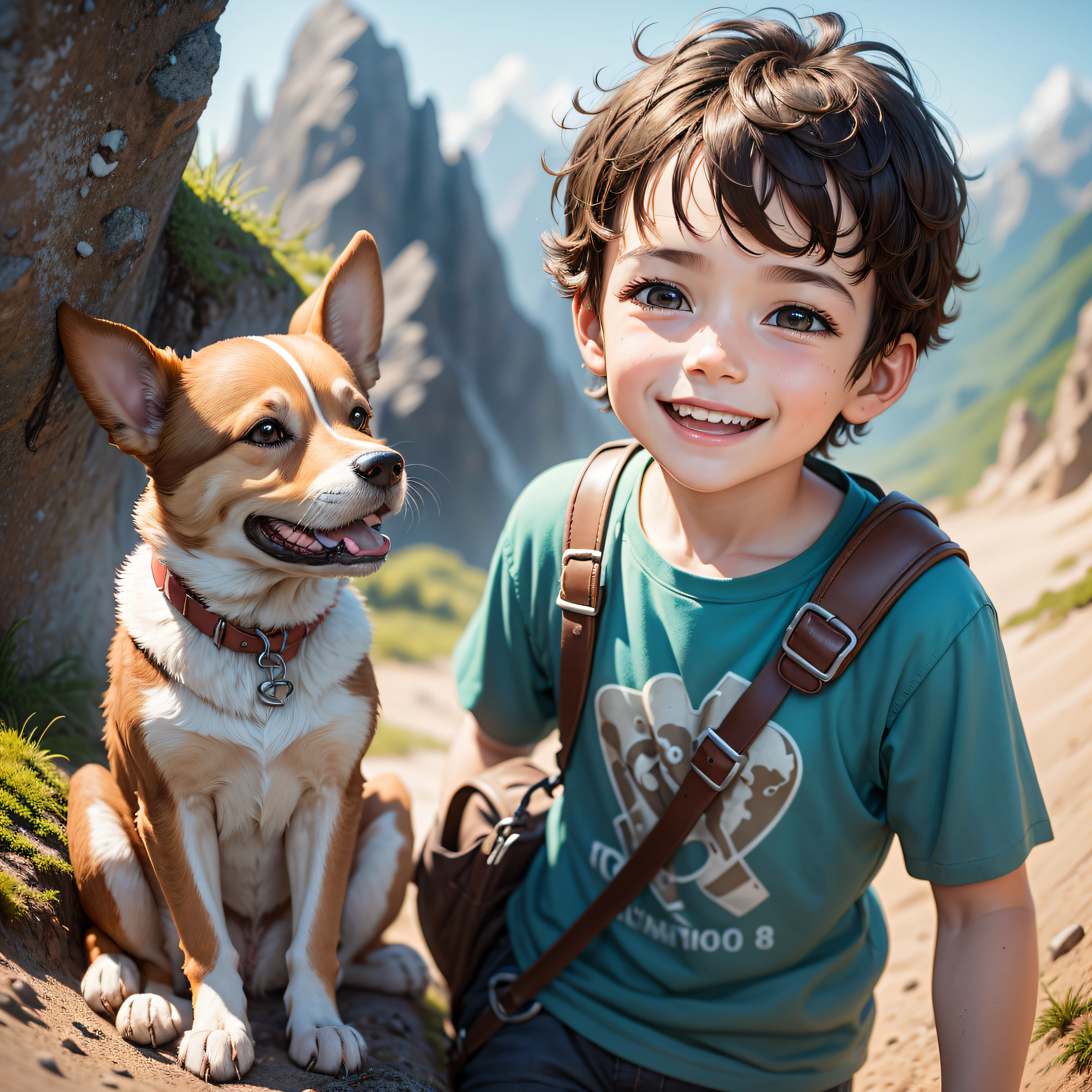 HAPPY, CUTE CHILD WITH HIS DOG ON AN ADVENTURE., short hair, brown hair, climbing the mountain, bright, Surrealism, Minimalism, Pixar, UHD, 1080P, HD, 8k, textured skin, high details --auto --s2