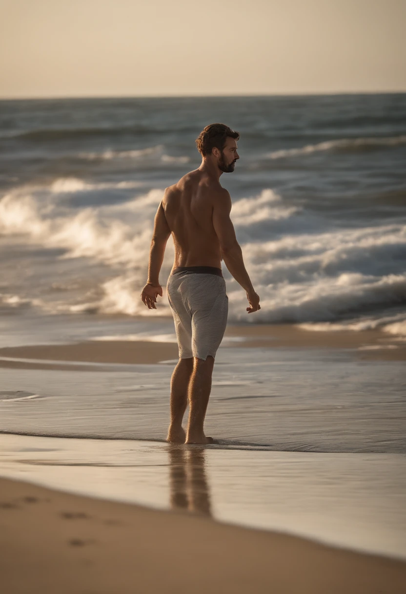 (highres:1.2), blonde hair, detailed facial features, muscular physique, tall height, standing on sandy beach, waves crashing in the background, ocean horizon stretching into the distance, golden sunlight illuminating the scene, gentle sea breeze blowing, calm and serene atmosphere, hazy distant mountains, minimalistic beachwear, relaxed body posture, shoulders slightly slouched, hands hanging loosely by his sides, toes digging into the sand, firm and defined calf muscles, prominent back muscles, sunlight casting shadows on his body, faint outline of his manhood visible between his legs, confident and determined gaze looking behind, intense focus in his eyes, masculine charm, rugged and outdoor adventurer look, hint of mystery in his expression.