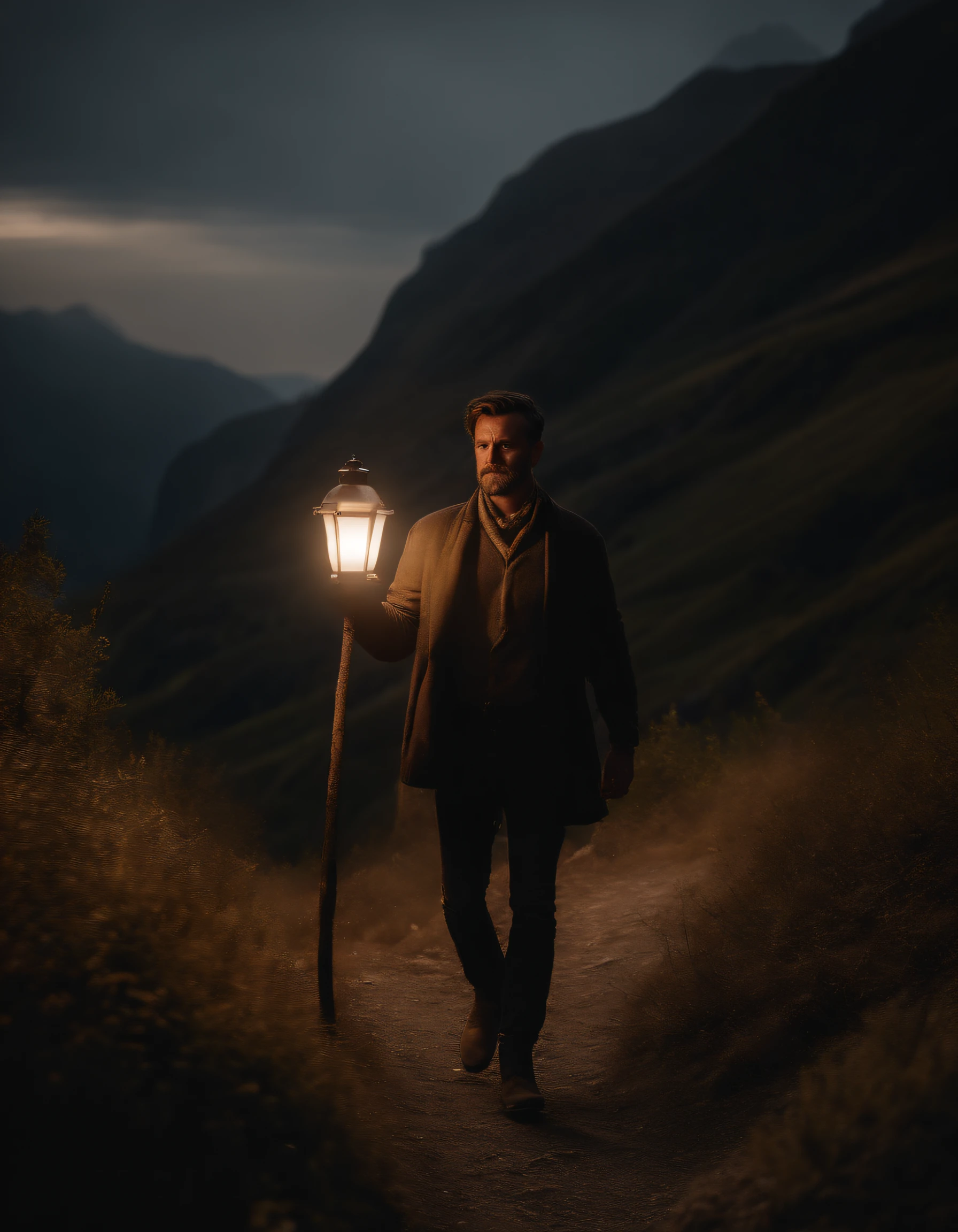(cutscene, The best lighting and shade) homme sur un sentier avec une lampe dans les mains, montagnes sombre, Illuminated lamp