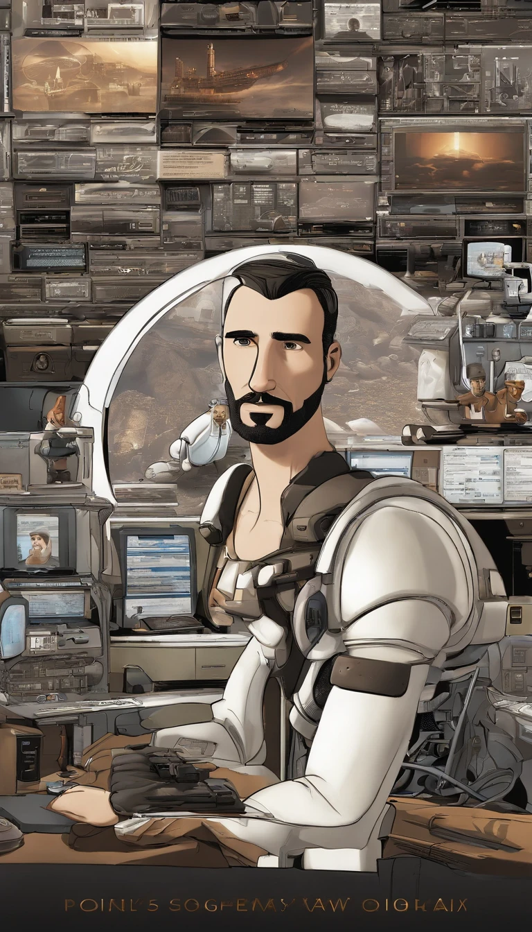 a poster of the 3d Disney-style film from Pixar with the text "RogerCortess" is a 40-year-old man, with a medium beard, more white than black, short hair, a few strands of hair on his forehead, medium strong, biker style sitting at a computer ,futuristic style, programming codes.