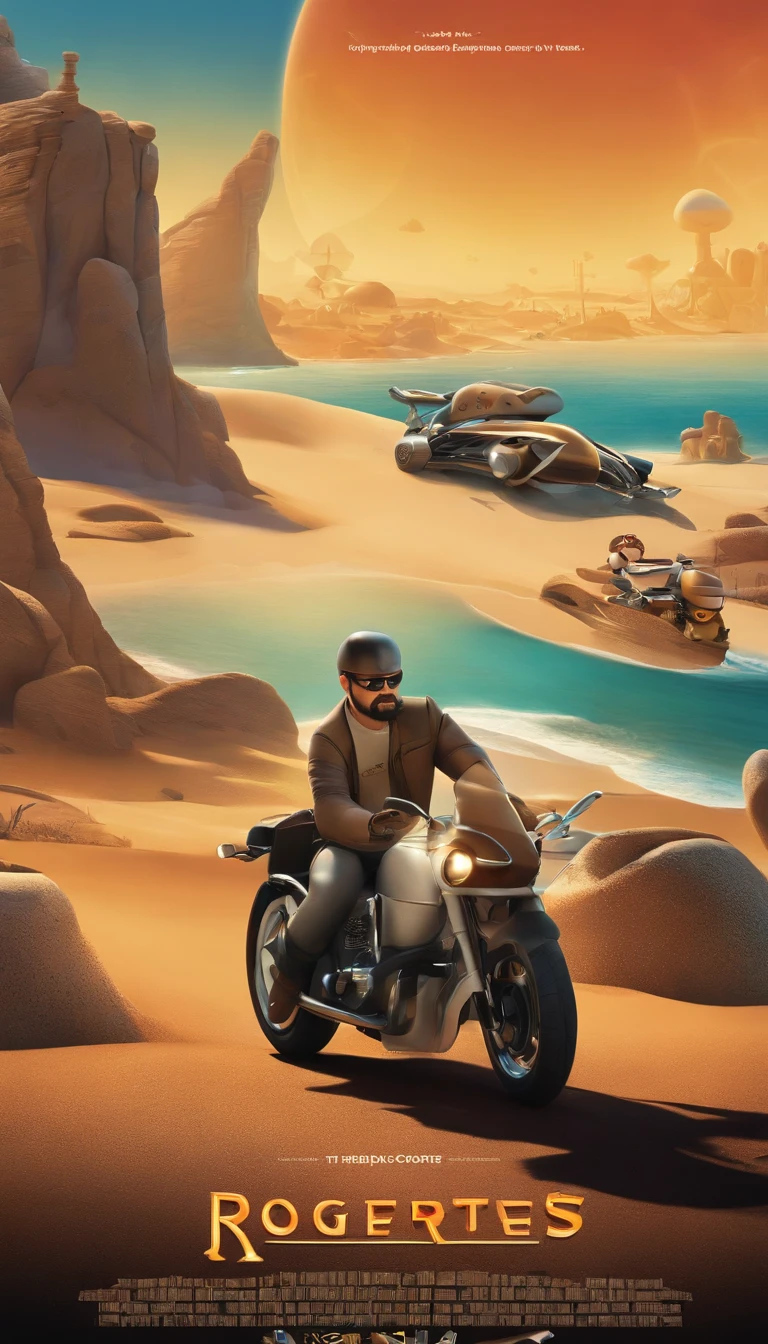 a poster of the 3d Disney-style film from Pixar with the text "RogerCortess" is a 40-year-old man, with a medium beard, more white than black, short hair, a few strands of hair on his forehead, medium strong, biker style sitting at a computer ,futuristic style, programming codes.
