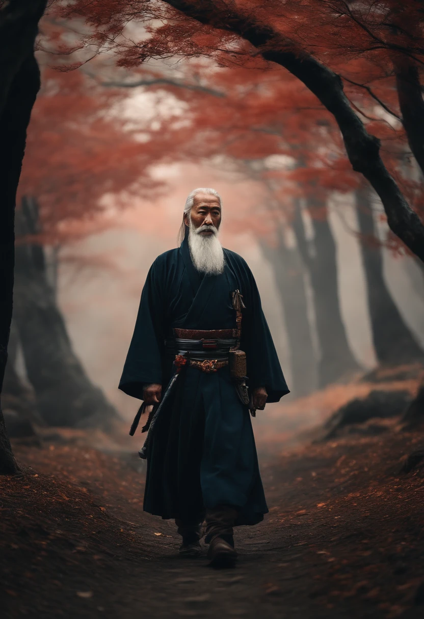 dark moody aesthetic, wise old japanese samurai with a long white beard, intricate, sharp focus, fantasy, surreal 8k photo