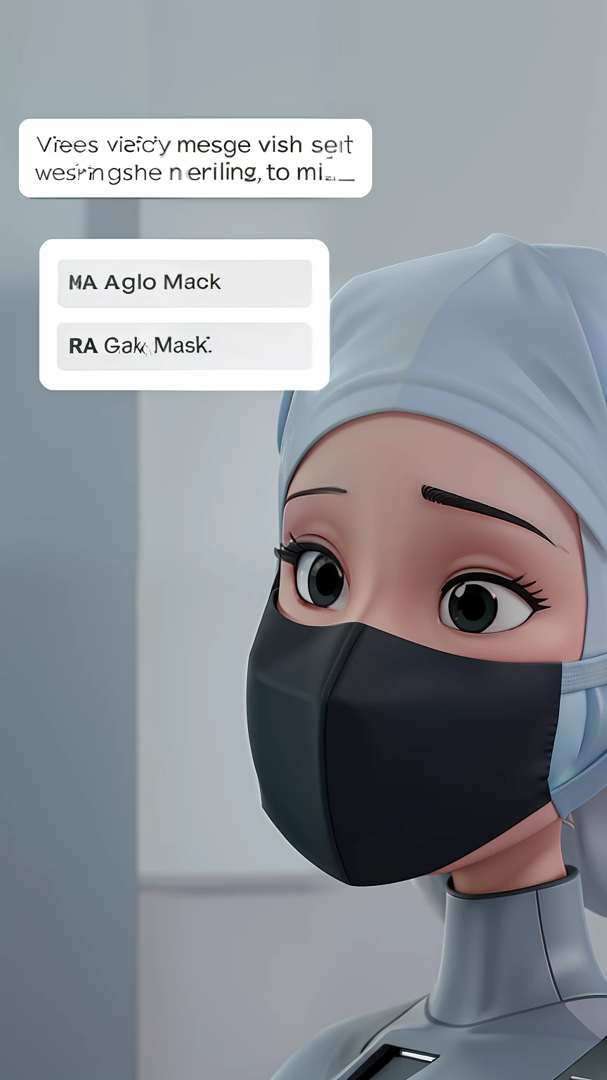 There is a woman wearing a surgical mask and a black mask, surgical mask covering mouth, imagem frontal, some of them use gask mask, .cs, imagem vazada, the robot wearing her human mask, profissional