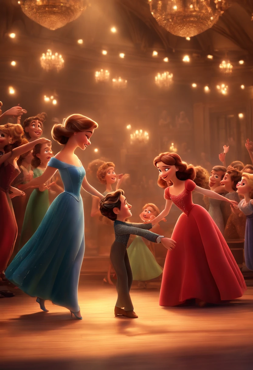 "(best quality,ultra-detalhado,Realistic:1.37),3D rendering,illustration,design de personagens,cabelos longos e cacheados escuros,belos olhos detalhados, Estilo Pixar,morena mulher,Dancing on the Disney stage,atmosfera animada,vivid colors,luzes de palco,expression joyful"
