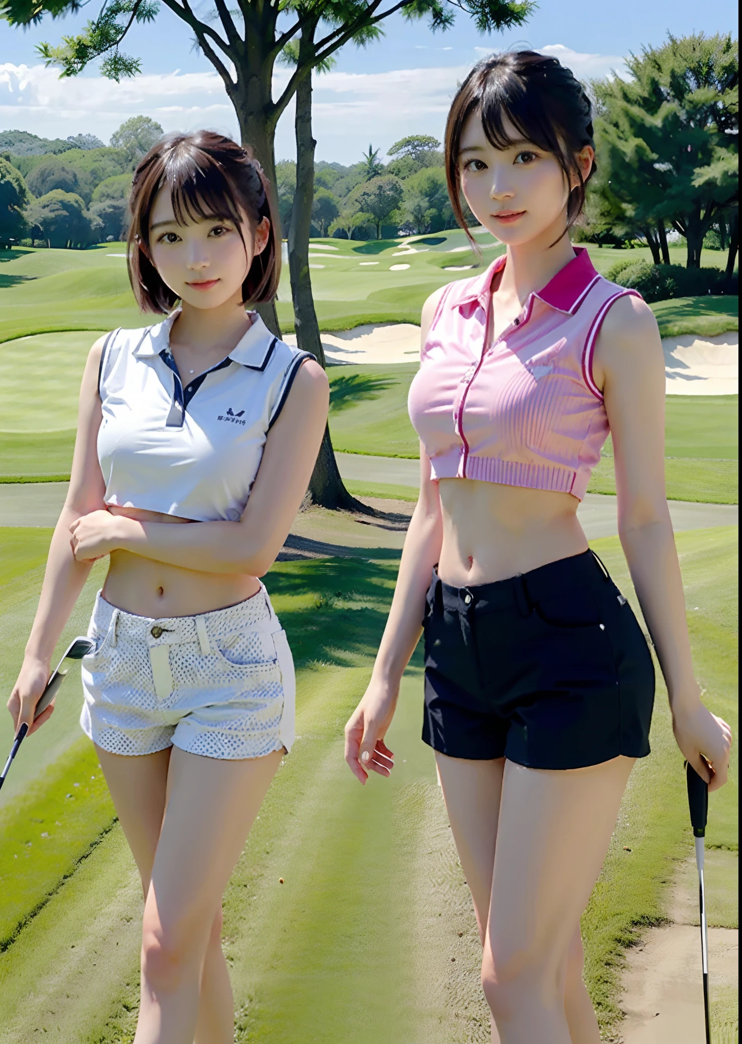 Japan Women's Professional Golfer Women、Inside the golf course、Have one golf driver、20yr old，realisticlying，japanaese girl，Phenomenally cute、（de pele branca），，short-hair、(No bra)、Short pants、Pinkwear、shining legs、Glowing chest、