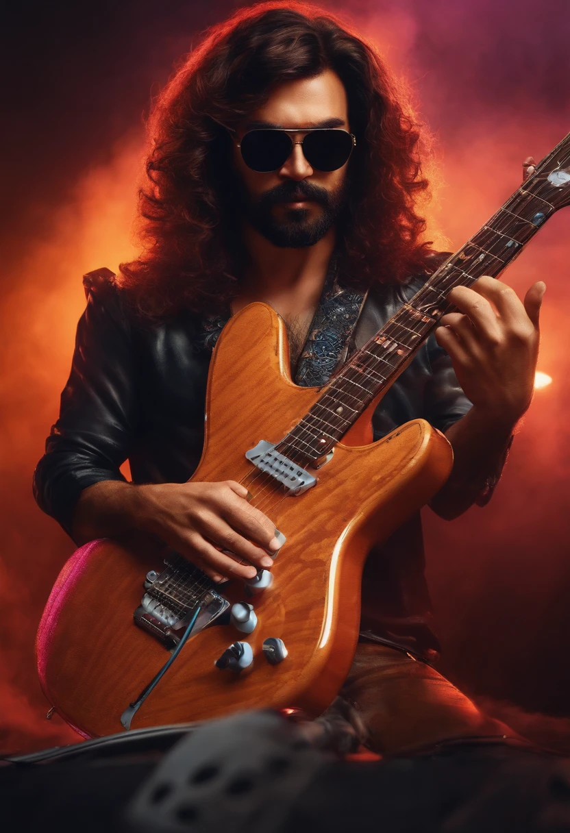 Estilo capa filme pixar, homem 30 anos cabelo samurai, barba, 3d puxar, sunglasses, tocando guitarra estilo fender, com quadros do Queen e pink Floyd ao fundo, with title "Jackson Rodrigues"
