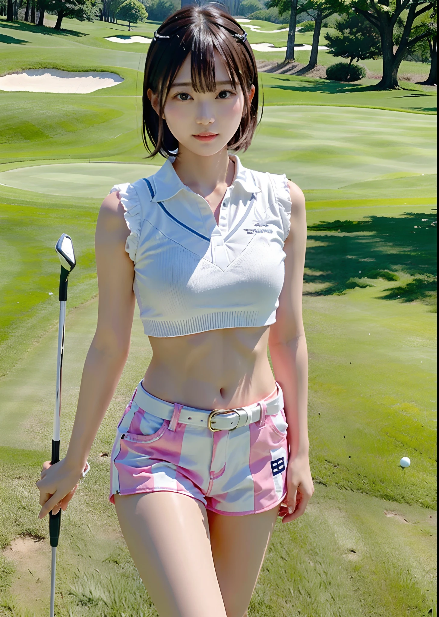 Japan Women's Professional Golfer Women、Inside the golf course、Have one golf driver、20yr old，realisticlying，japanaese girl，Phenomenally cute、（de pele branca），，short-hair、(No bra)、Short pants、Pinkwear、shining legs、Glowing chest、