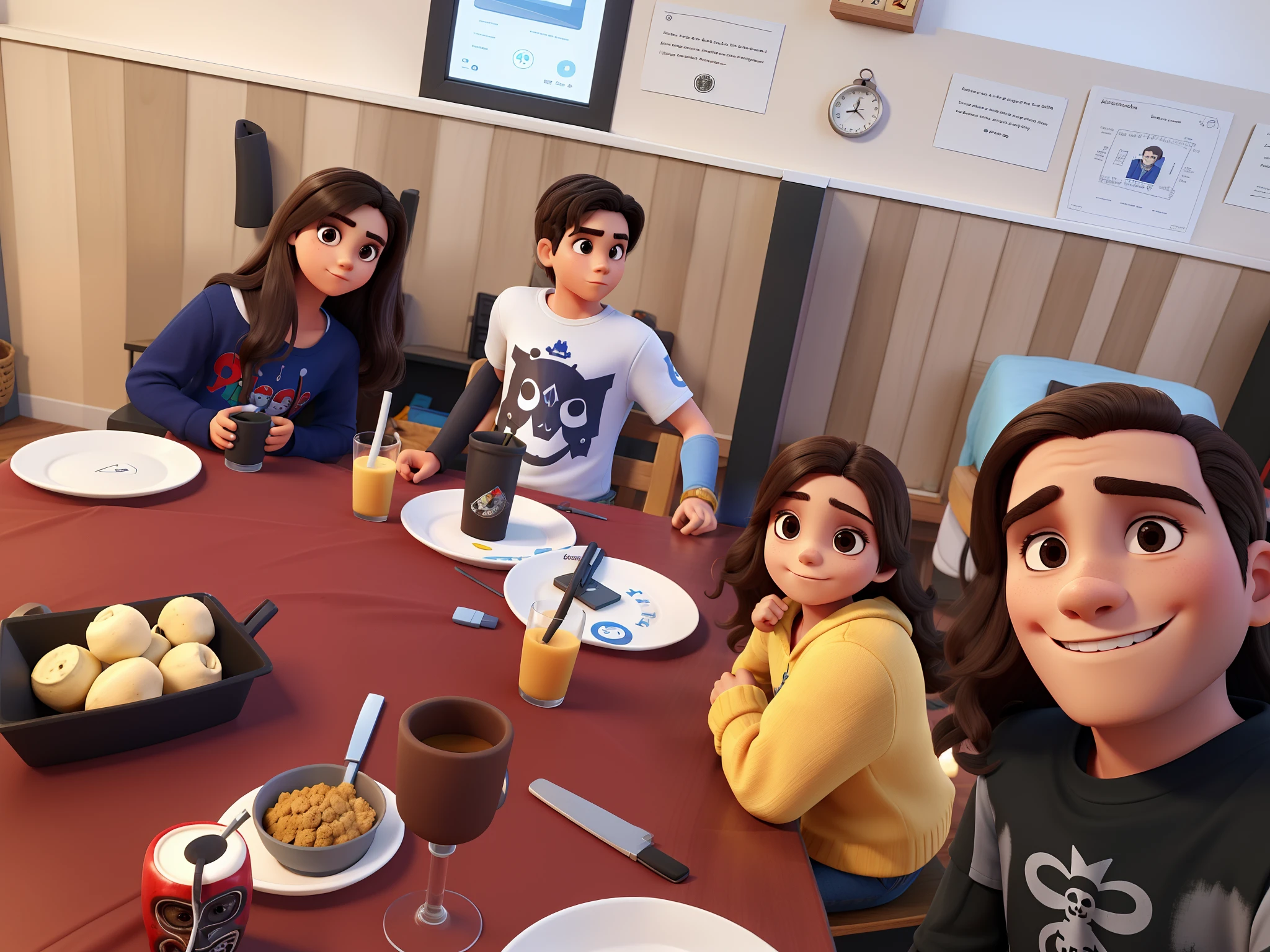 Homem com cavanhaque e blusa de caveira, 6-year-old twin brothers and brunette woman