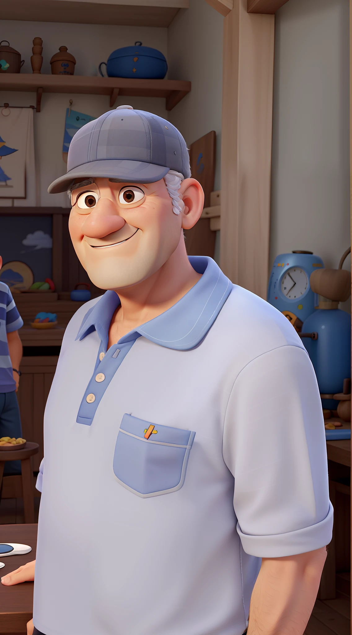A Grandpa, sem cabelo, com sarnas no rosto, sem costeletas, estilo disney pixar, with deck in hand, alta qualidade, melhor qualidade