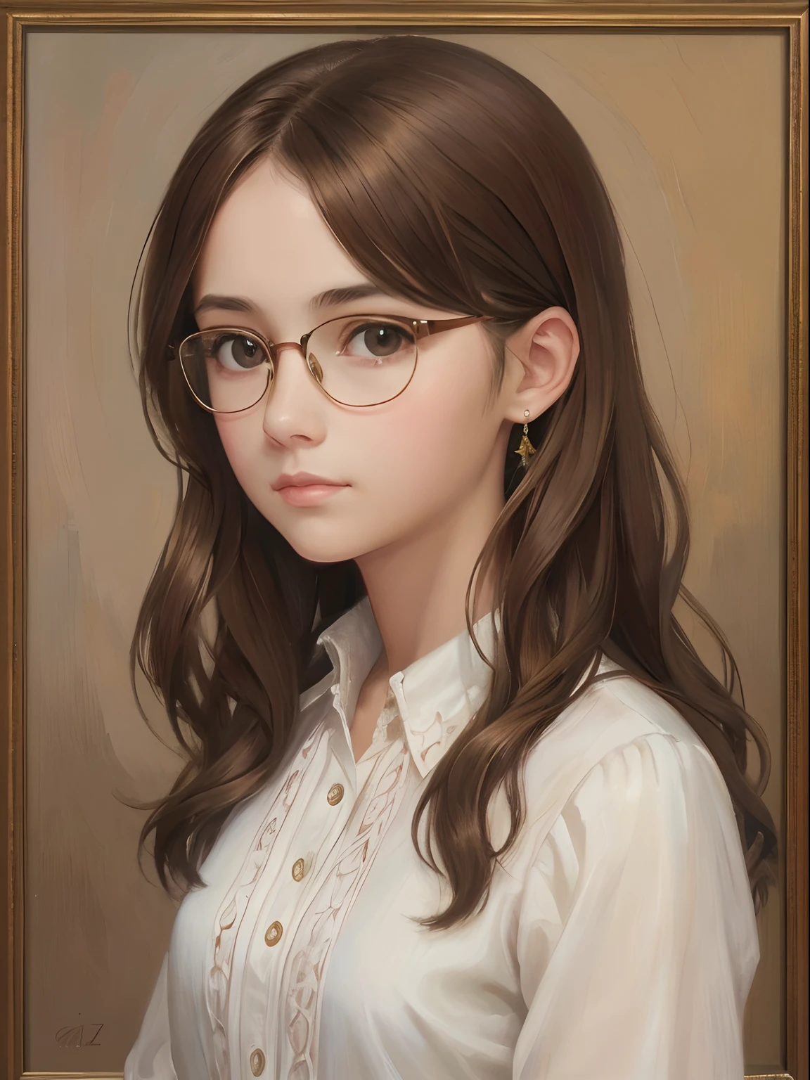 a 1girl, a beautiful teen-aged girl, extremely small breasts, short wavy brown hair, brown eye, eyeglasses, portraite of a, oil painted, contemporary, semi-prozamic silk blouse, Realistic Proportion, Intricate, intricate detials, Sharp focus