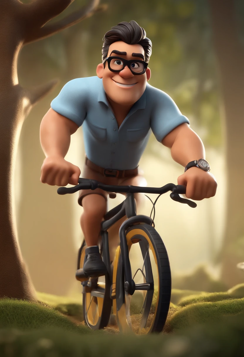 Cartoon character of a man with white glasses and black lens, cabelo cacheado comprido e amarrado preto escuro e uma camisa xadrez, em uma bicicleta vermelha estilo montain bike, animation character, Caractere estilizado, animation style rendering, 3D estilizado, Arnold Maya render, 3 d render stylized, toon render keyshot, Personagem 3D, Personagem 3D, 3d rendering stylized, 3 d character render, personagem de desenho animado, Personagem de close up, Pose de personagem,  (Estilo Pixar) (master part:1.2) (Bokeh) (best quality) (pele detalhada) (textura detalhada) (8k) (argila) (Cinematic lighting) (foco nítido