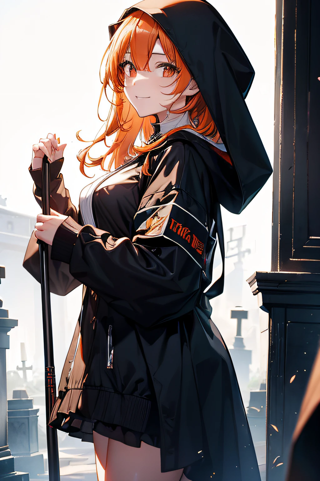 Grim Reaper and Cute Hooded Girl,The Grim Reaper emerges from the swirling shadows.Stand in the Cemetery of Forgotten Souls.(Grim Reaper protecting a girl from behind:1.3,)Wielding a scythe,(Light brown and light orange striped hair:1.3,),Dark makeup,Beautiful breast slip、A smile that makes the viewer happy,Perfect face,Proper body proportion,masutepiece,High-quality output images,超A high resolution,Intricate details,Very delicate and beautiful hair,photographrealistic,Dreamy,Professional Lighting,realistic shadow,Beautiful hands,Beautiful fingers,Detailed finger features,detailed clothes features,Detailed hair features,detailed facial features,Style fighting games,Style RPG