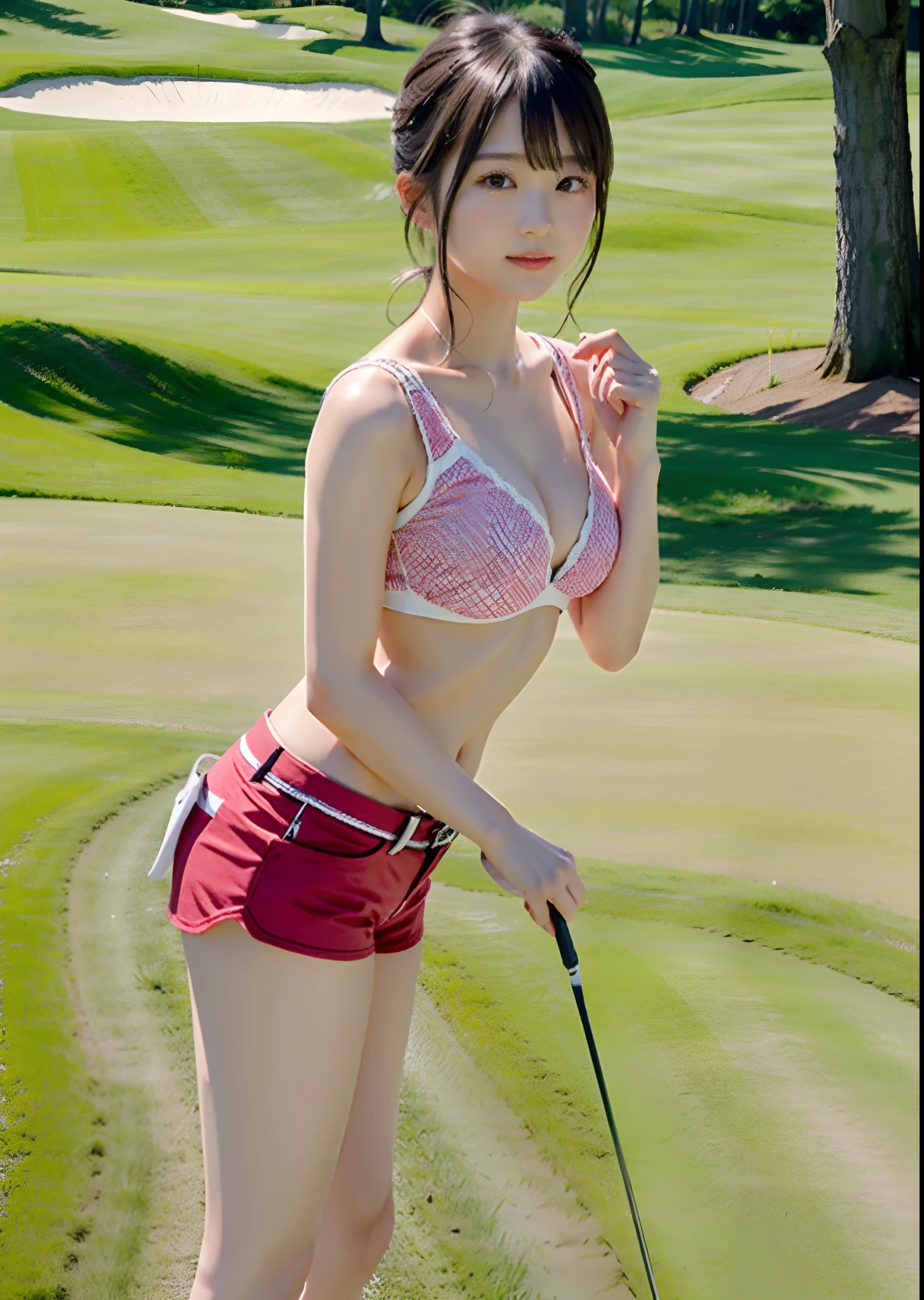 Japan Women's Professional Golfer Women、Inside the golf course、Have one golf driver、20yr old,realisticlying,japanaese girl,Phenomenally cute、(de pele branca),,short-hair、(No bra)、Short pants、Pinkwear、shining legs、Glowing chest、
