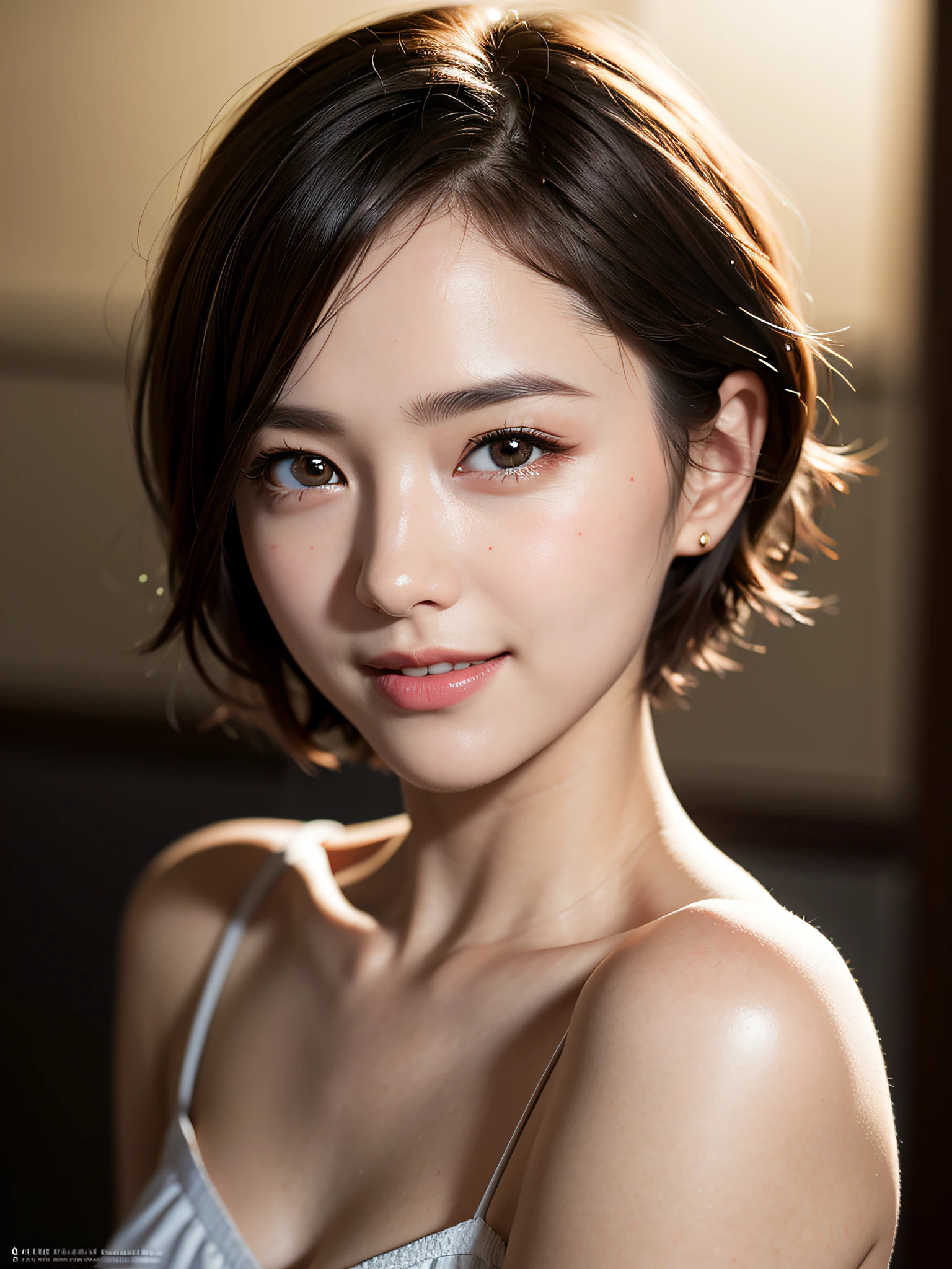 1 girl,(wearing colorful stage costume:1.2),very beautiful japanese idol portrait,close up of face,(RAW photo,best quality),(real,realistic:1.4),(masterpiece),very delicate and beautiful,very detailed,2k wallpaper,amazing,finely detailed,highly detailed CG Unity 8K wallpaper,very detailed,high resolution,soft light,beautiful detailed girl,very detailed eyes and face,beautiful refined nose,finely beautiful eyes,cinema lighting,(simple light color background:1.3),(short hair),(bob),full anatomy,slender body,small breasts,smiling,