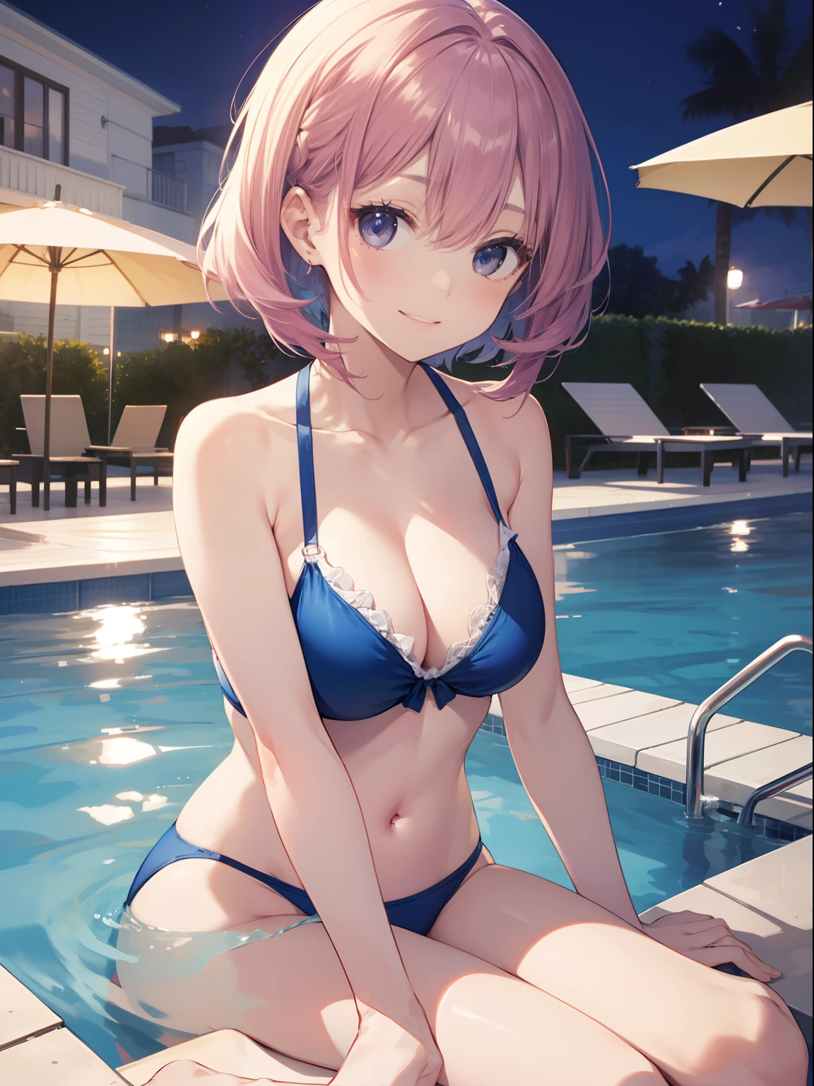 The ultra -The high-definition、high-level image quality、top-quality、Full feet and hands、complete fingers、Beautuful Women、1 persons、Pinkberry Shorthair、ssmile、Pink Swimsuit、Night Pool