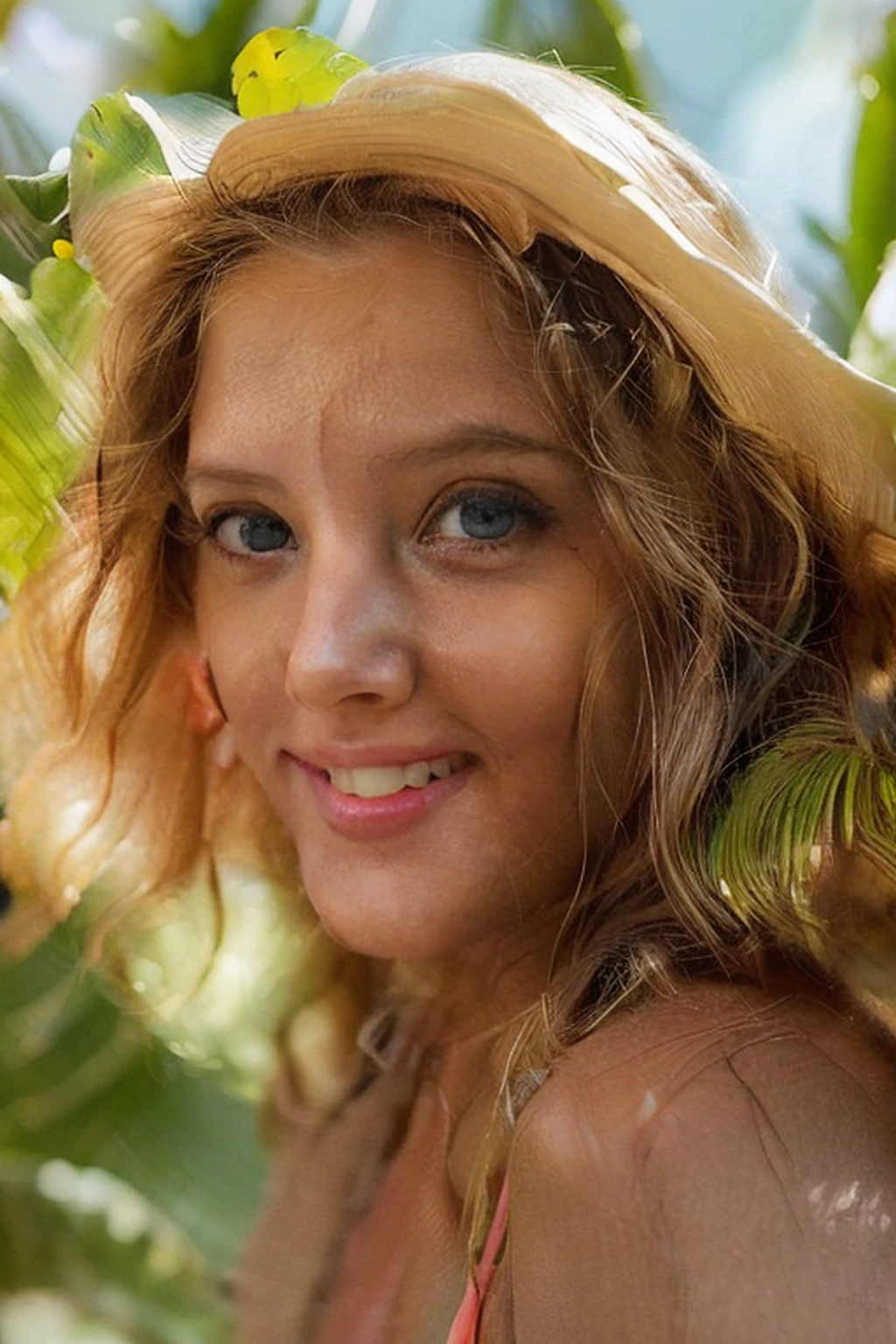 1girl, beautiful face, olhos castanhos perfeitos, Alunos redondos, amazing summer dress, fundo tropical, Directed by: Adam Hughes, parte superior do corpo centrada, cabelos multicoloridos, sorriso feliz, 8k detalhes surpreendentes, Volumetric lighting,