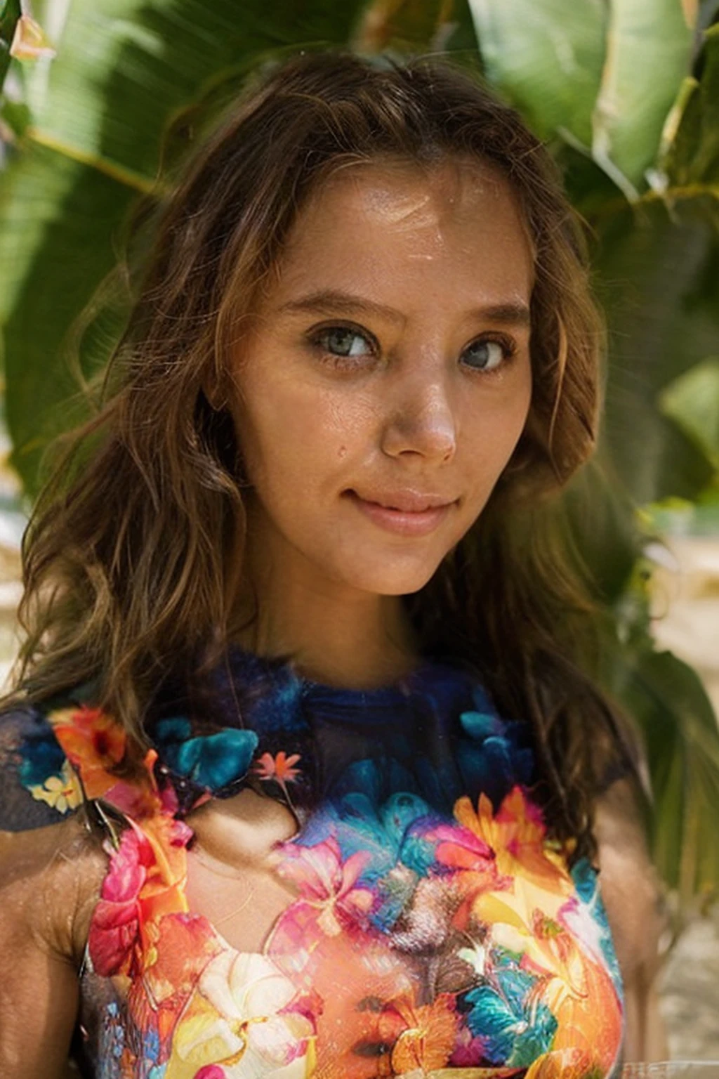 1girl, beautiful face, olhos castanhos perfeitos, Alunos redondos, amazing summer dress, fundo tropical, Directed by: Adam Hughes, parte superior do corpo centrada, cabelos multicoloridos, sorriso feliz, 8k detalhes surpreendentes, Volumetric lighting,
