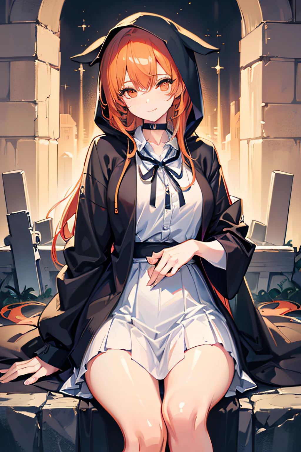 Grim Reaper and Cute Hooded Girl,The Grim Reaper emerges from the swirling shadows.Stand in the Cemetery of Forgotten Souls.(Grim Reaper protecting a girl from behind:1.3,)Wielding a scythe,(Light brown and light orange striped hair:1.3,),Dark makeup,Beautiful breast slip、A smile that makes the viewer happy,Perfect face,Proper body proportion,masutepiece,High-quality output images,超A high resolution,Intricate details,Very delicate and beautiful hair,photographrealistic,Dreamy,Professional Lighting,realistic shadow,Beautiful hands,Beautiful fingers,Detailed finger features,detailed clothes features,Detailed hair features,detailed facial features,Style fighting games,Style RPG