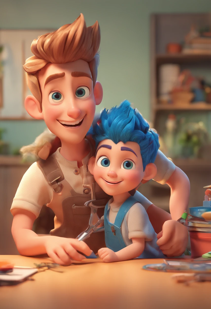 (best quality,3d rendering:1.2),detailed adult holding naked blue-eyed boy in one hand,sharp scissors in other hand,poster artwork,Disney,Pixar style,vibrant colors,soft lighting
