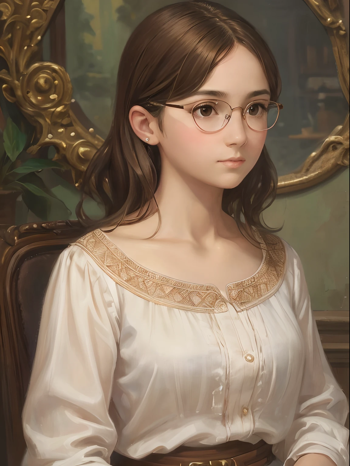 a 1girl, a beautiful teen-aged girl, extremely small breasts, short wavy brown hair, brown eye, eyeglasses, portraite of a, oil painted, contemporary, semi-transparent silk blouse, Realistic Proportion, Intricate, intricate detials, Sharp focus