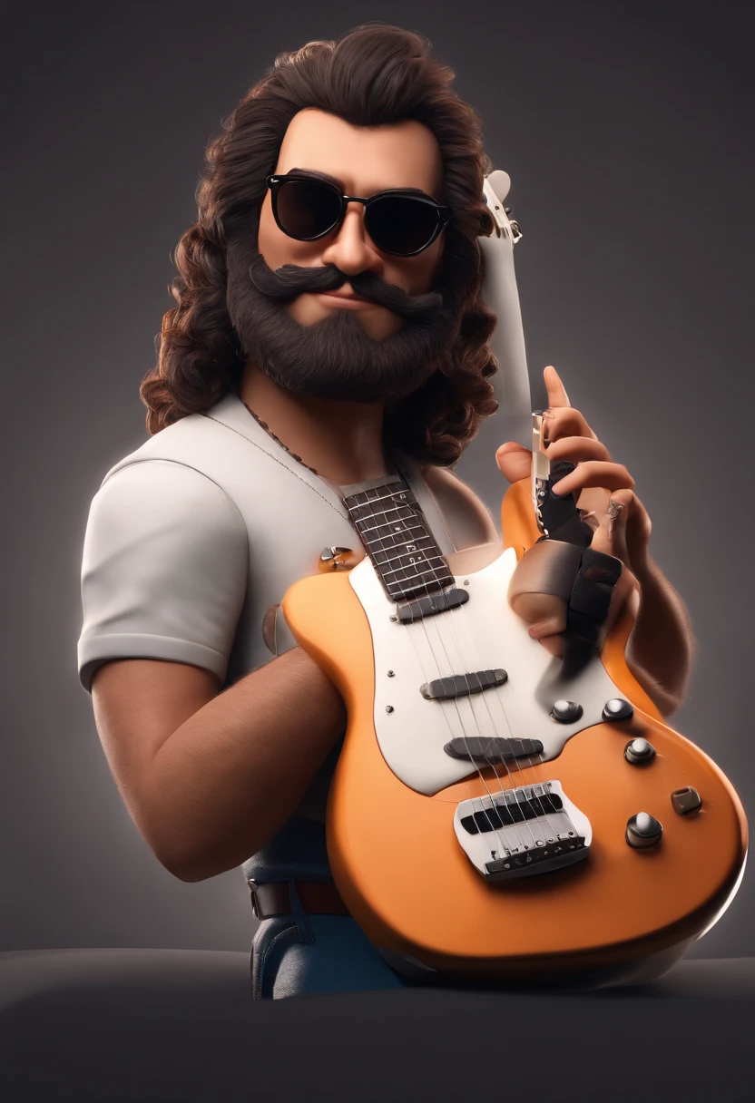 Personagem de desenho animado, 3d,Estilo capa filme pixar, homem 30 anos, branco, cabelo samurai, barba, 3d pixar, sunglasses, tocando guitarra estilo fender, com quadros do Queen e pink Floyd ao fundo, with title "Jackson Rodrigues"