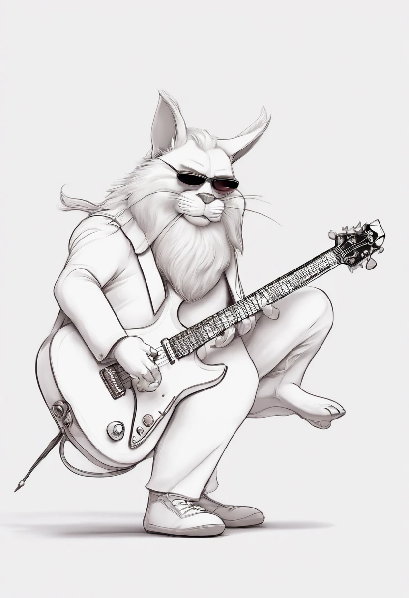 Personagem de desenho animado, 3d,Estilo capa filme pixar, homem 30 anos, branco, cabelo samurai, barba, 3d pixar, sunglasses, tocando guitarra estilo fender, com quadros do Queen e pink Floyd ao fundo, with title "Jackson Rodrigues"