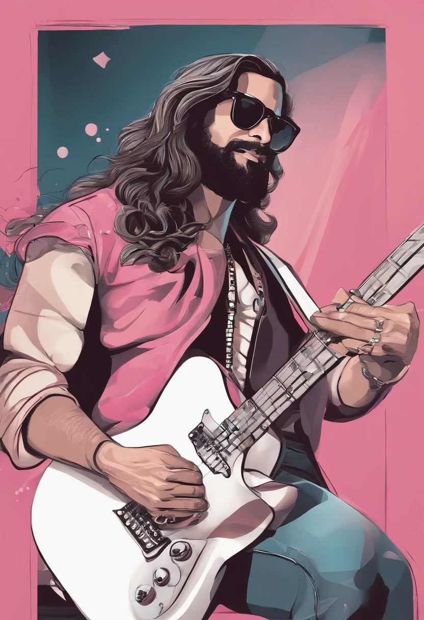 Personagem de desenho animado, 3d,Estilo capa filme pixar, homem 30 anos, branco, cabelo samurai, barba, 3d pixar, sunglasses, tocando guitarra estilo fender, com quadros do Queen e pink Floyd ao fundo, with title "Jackson Rodrigues"